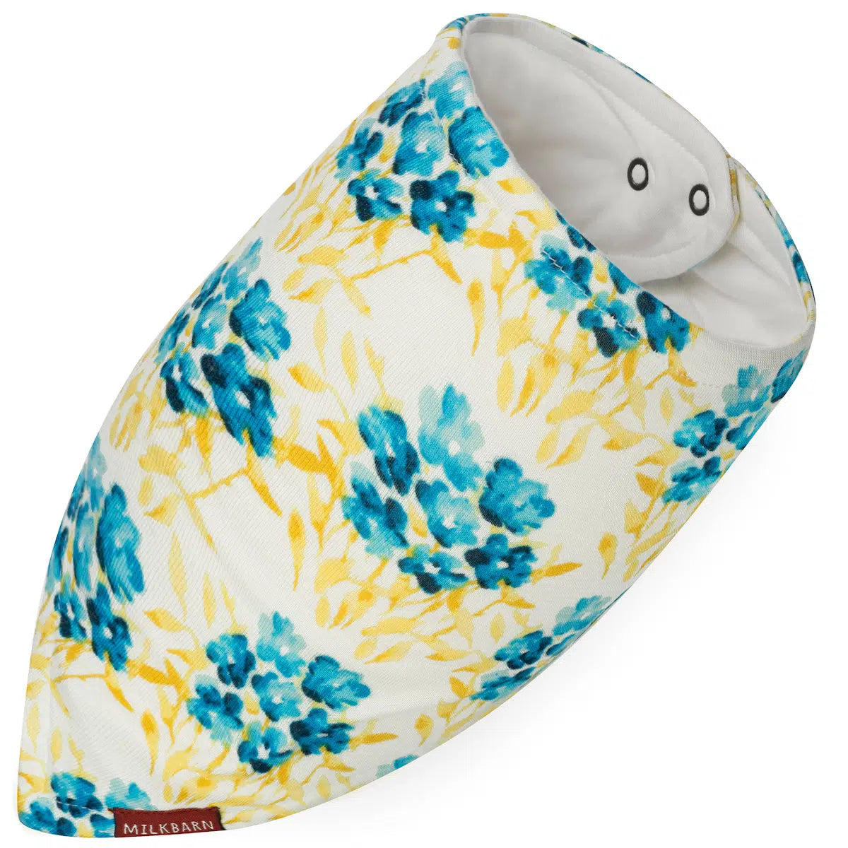 blue and yellow baby bib with snaps by Milkbarn.