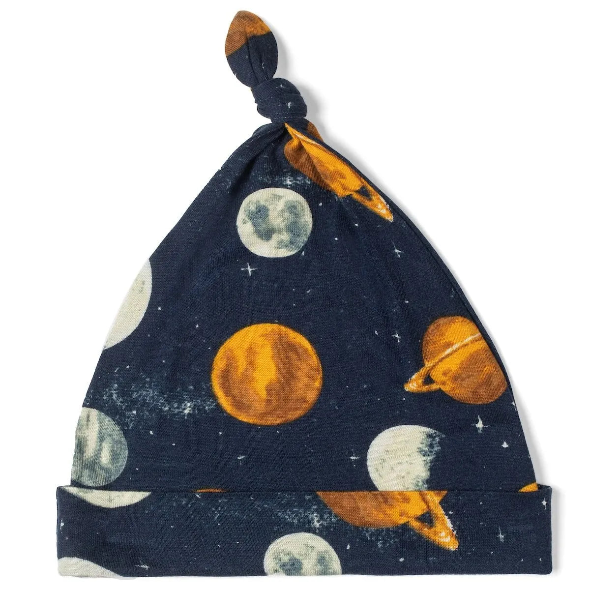 Organic cotton knotted baby hat with a space and planets print on a navy background.