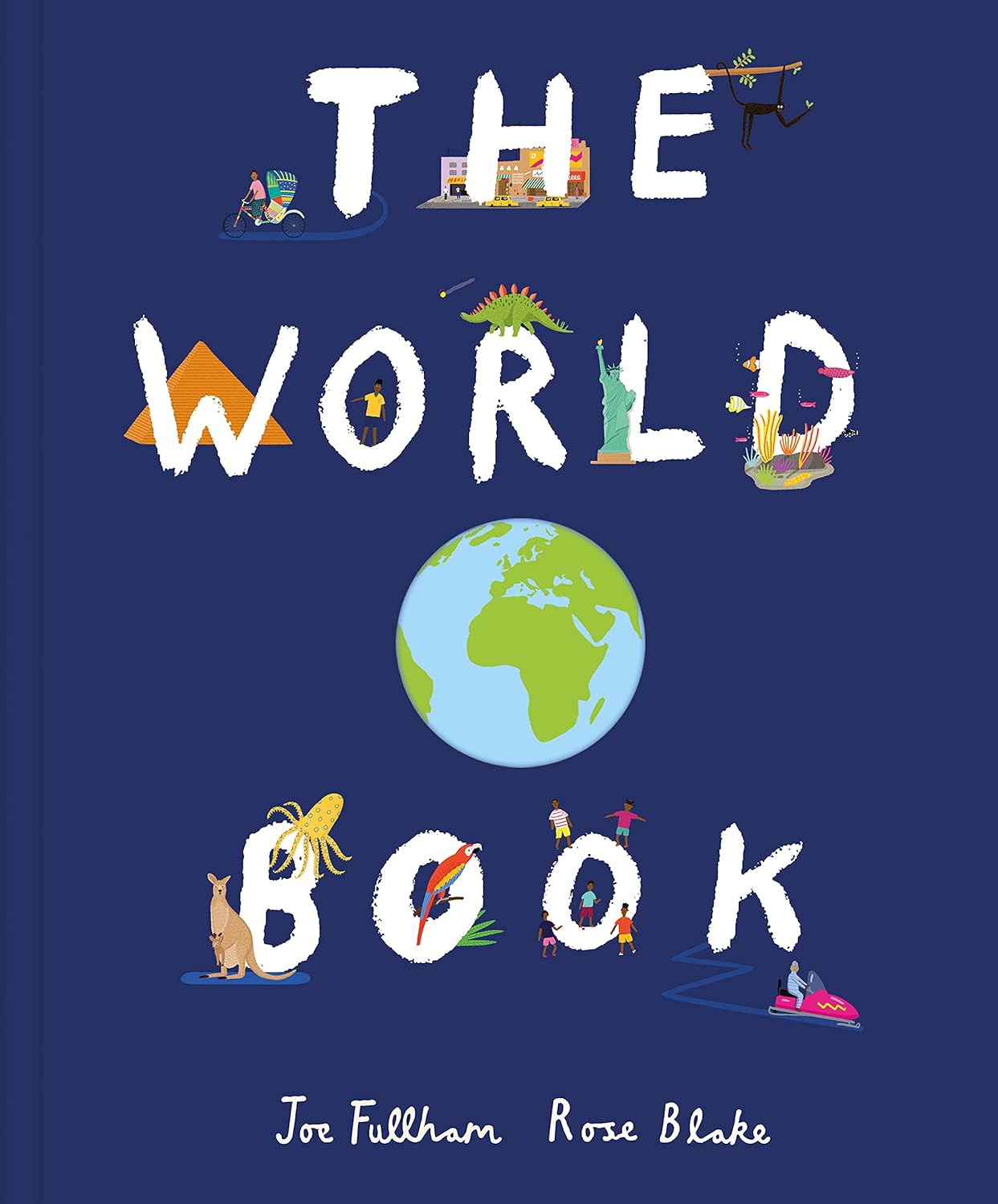 The cover of 'The World Book' featuring a colorful illustration of various animals and characters around the world, with a prominent globe in the center.