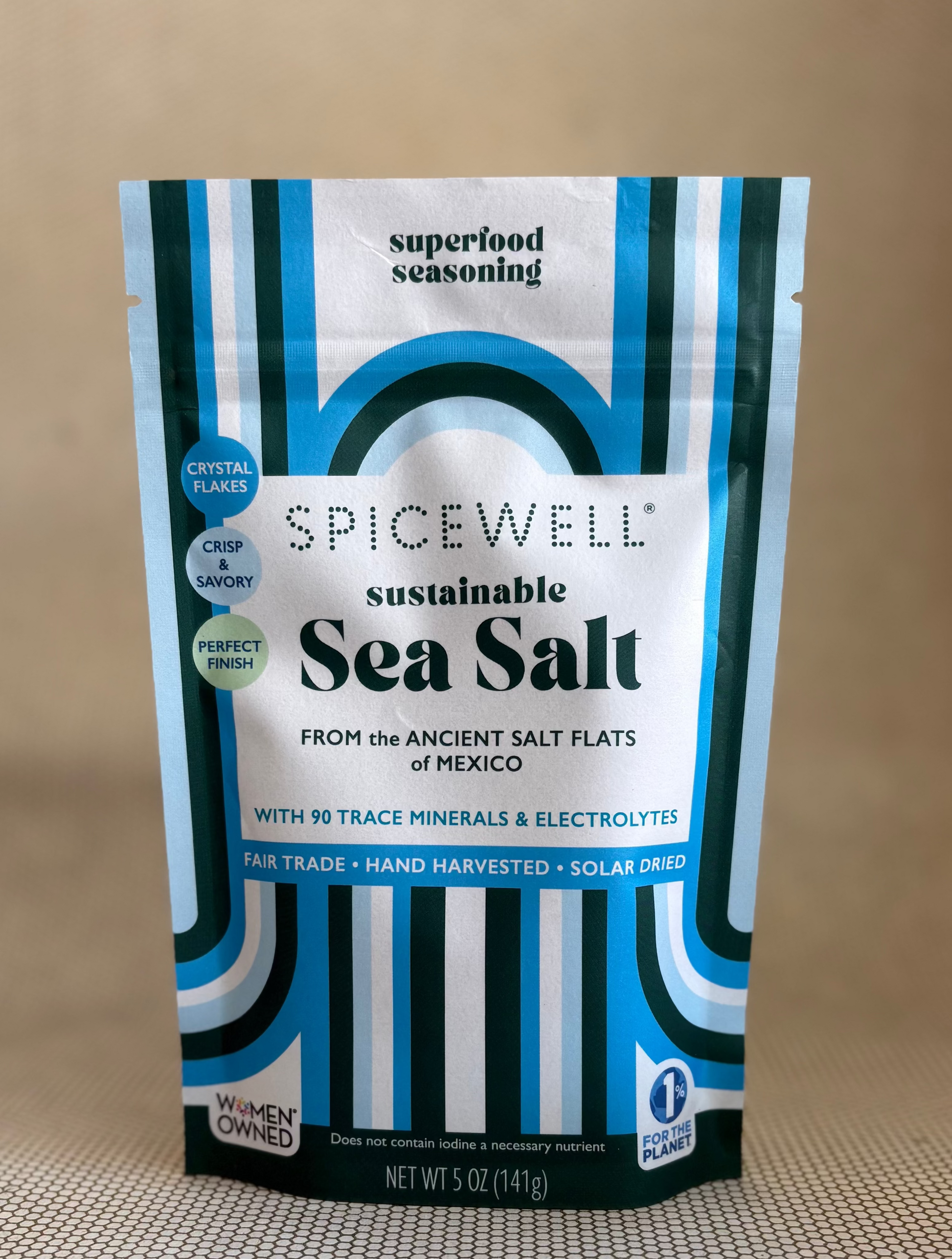 Spicewell sustainable sea salt bag net weight 5oz (141g). Fair Trade.