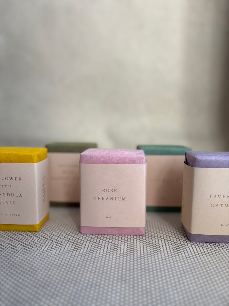 Saipua 6oz bar soap in delicate paper wrapping. varying colors and scents. 