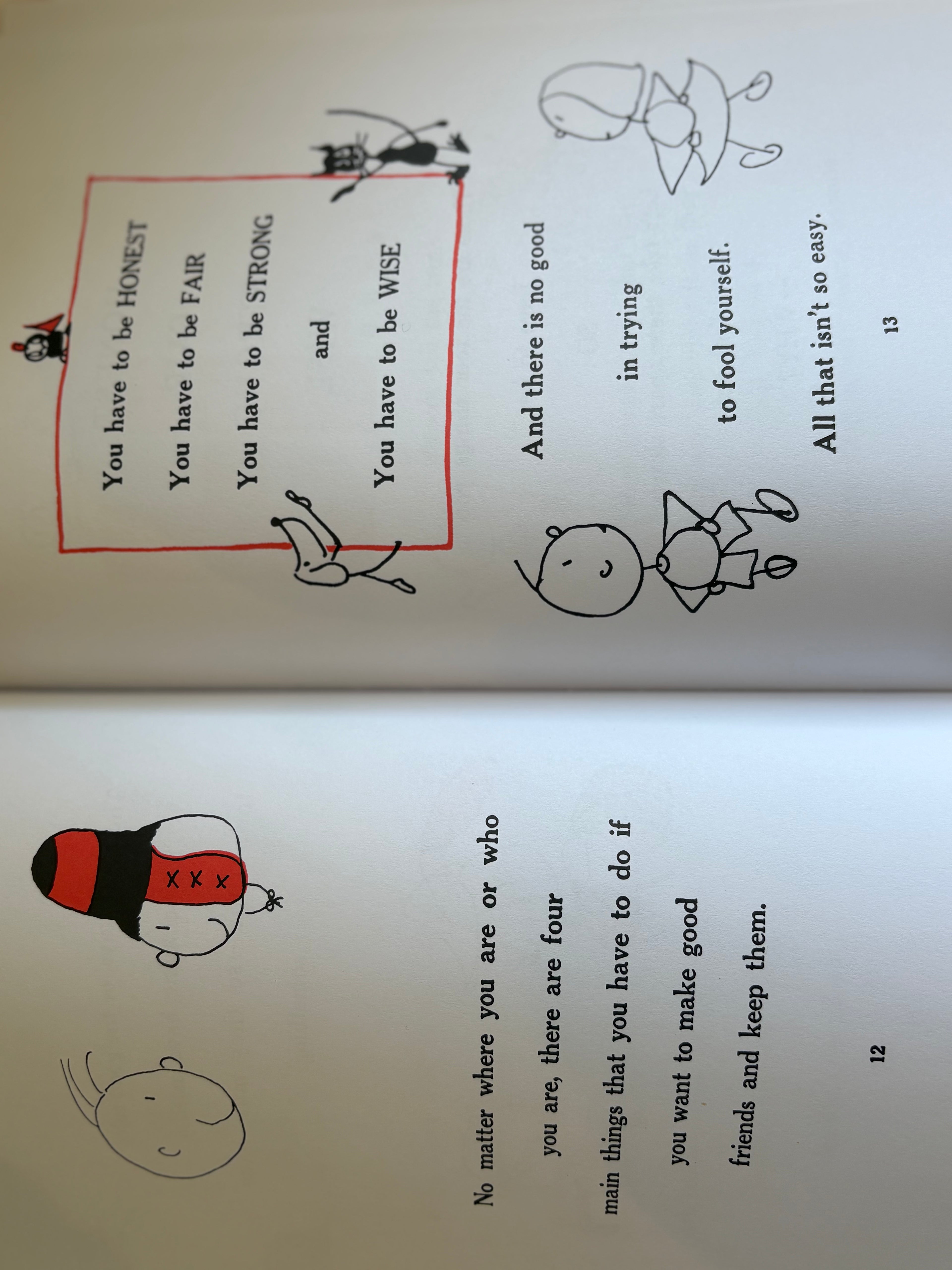 Book page with illustrations and text about honesty, strength, and wisdom.