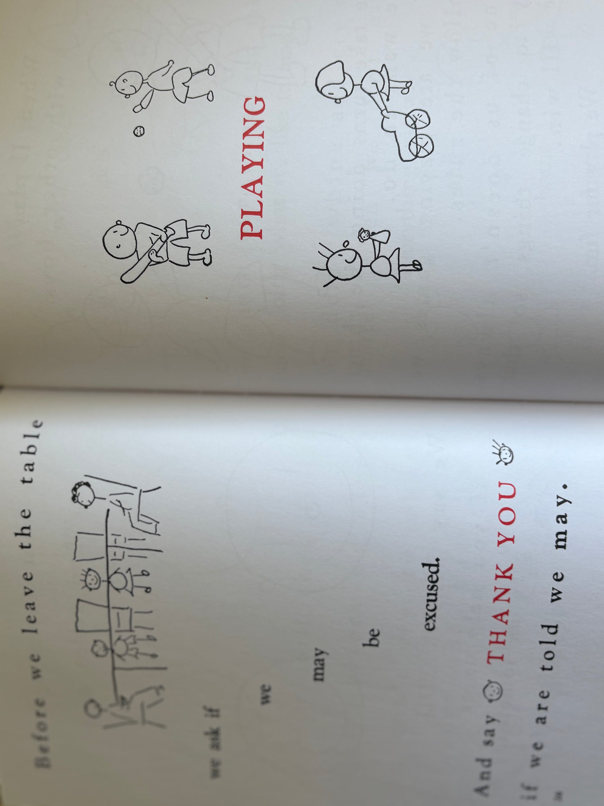 Book page with illustrations and text about children playing and leaving the table.