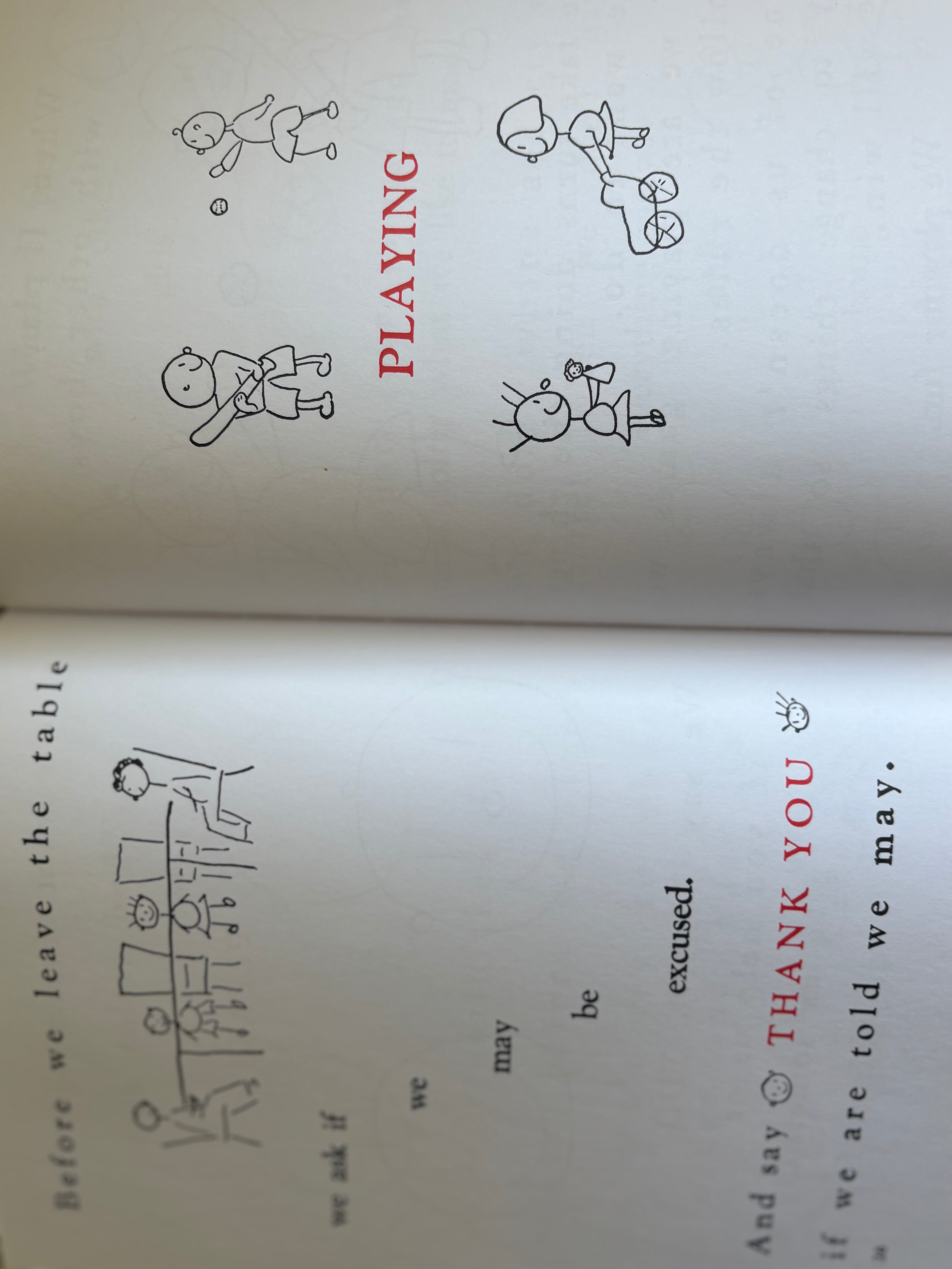 Book page with illustrations and text about children playing and leaving the table.