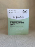 Malou & Marius anti-pollution detox mask white and green packaging on a neutral background