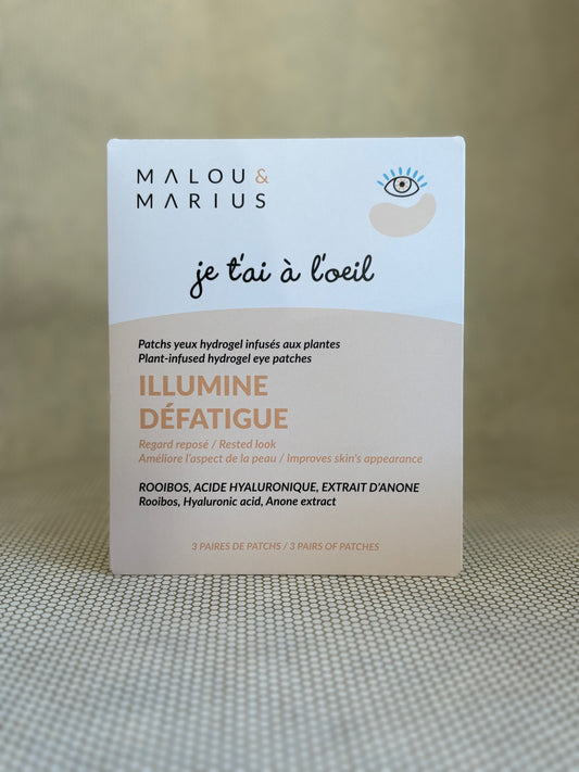 peach and white packaging of Malou & Marius eye patches on a textured surface