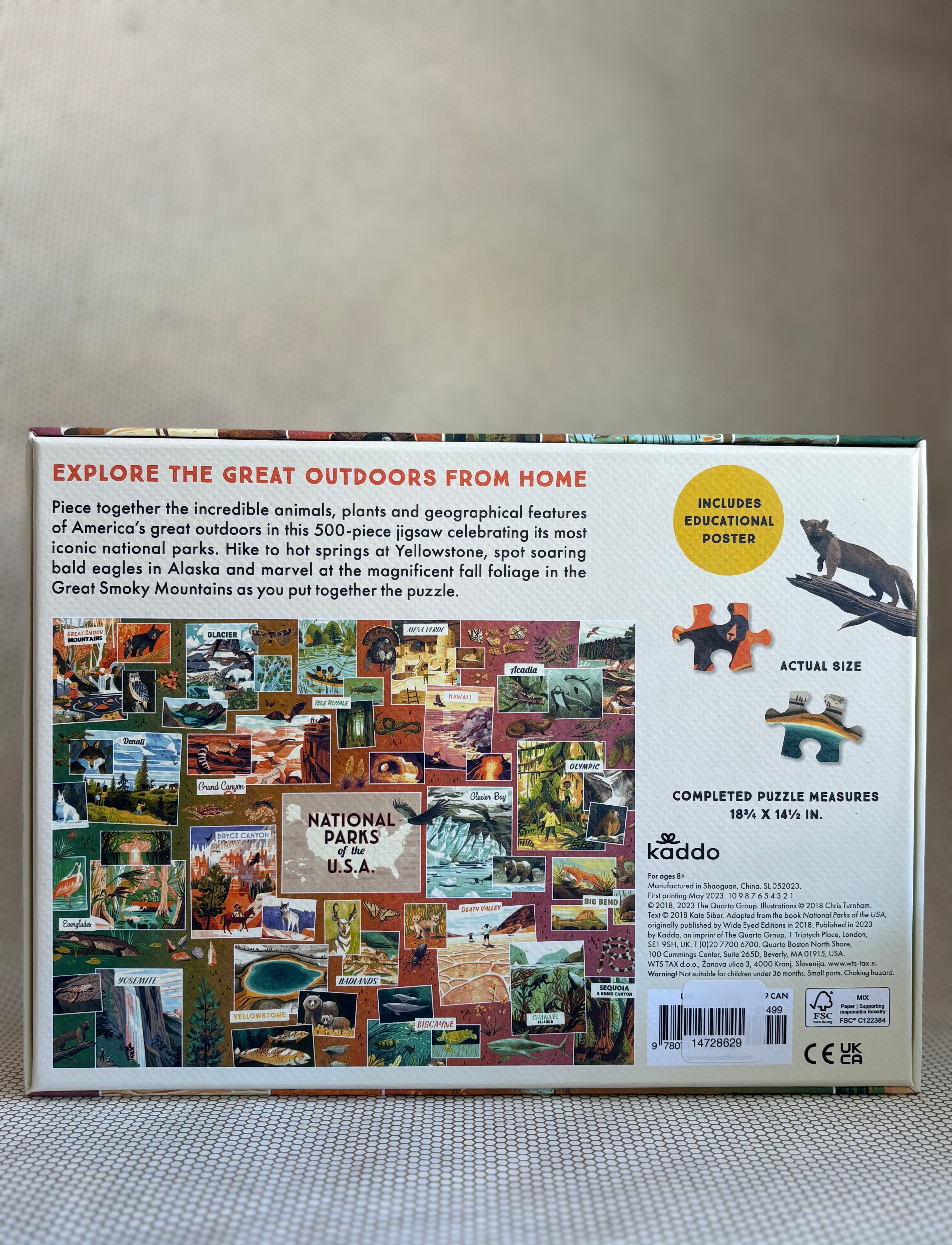 Back of a puzzle box with images of landscapes and animals, featuring text about exploring the great outdoors.