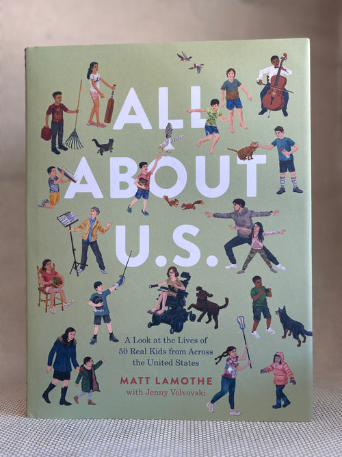 Book cover of 'All About U.S.' with illustrations of children and activities on a green background
