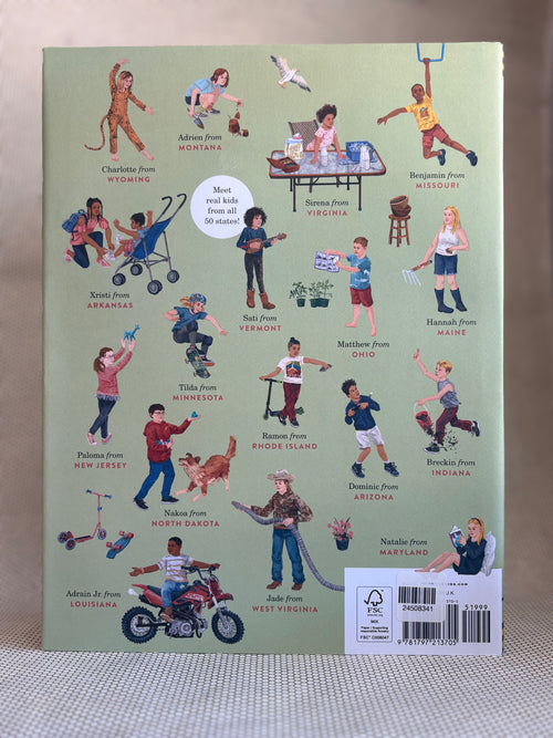 Illustrated book back cover with various children from different states, on a neutral background.