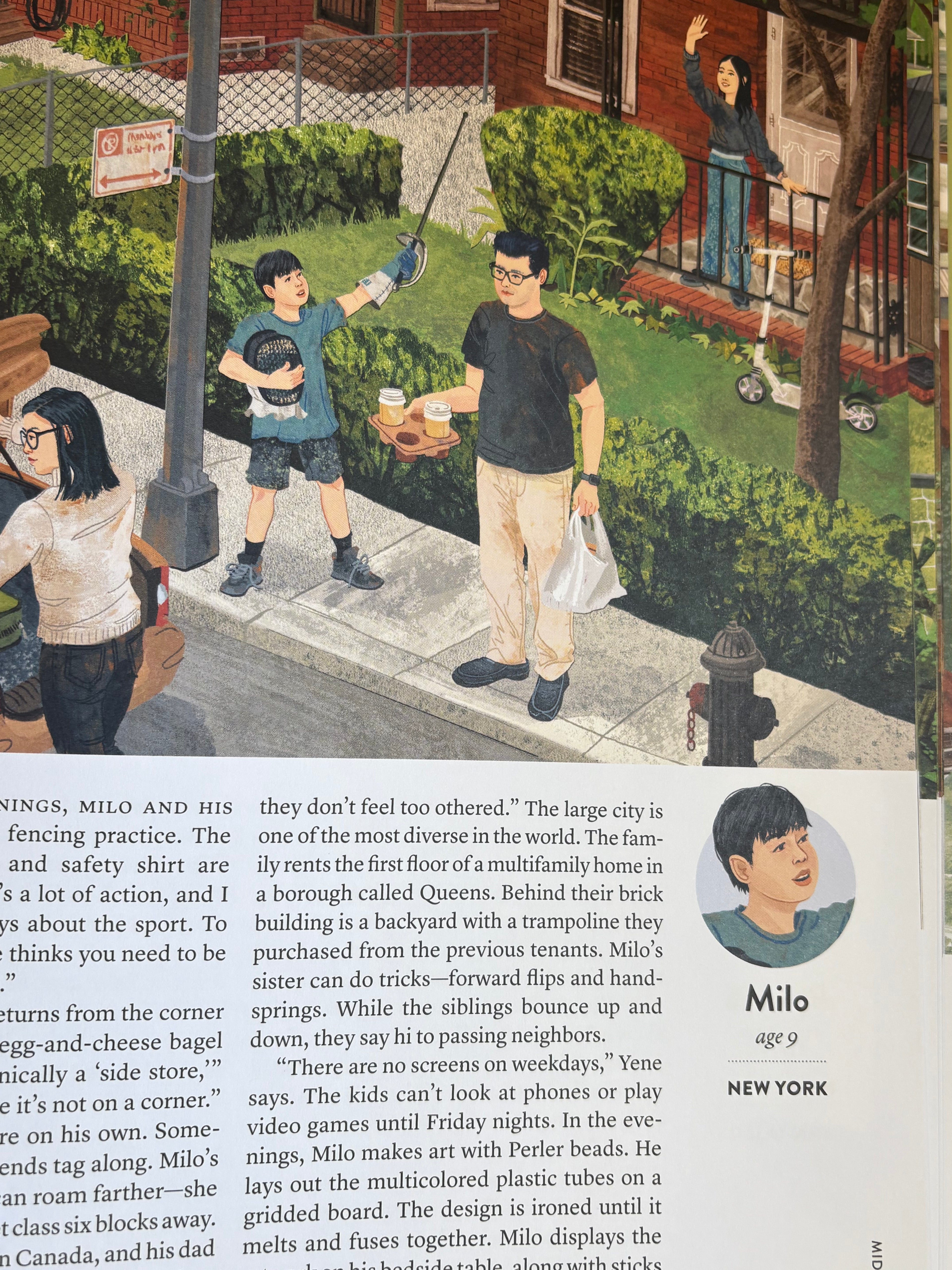 Illustration of a family on a city street with text overlay.