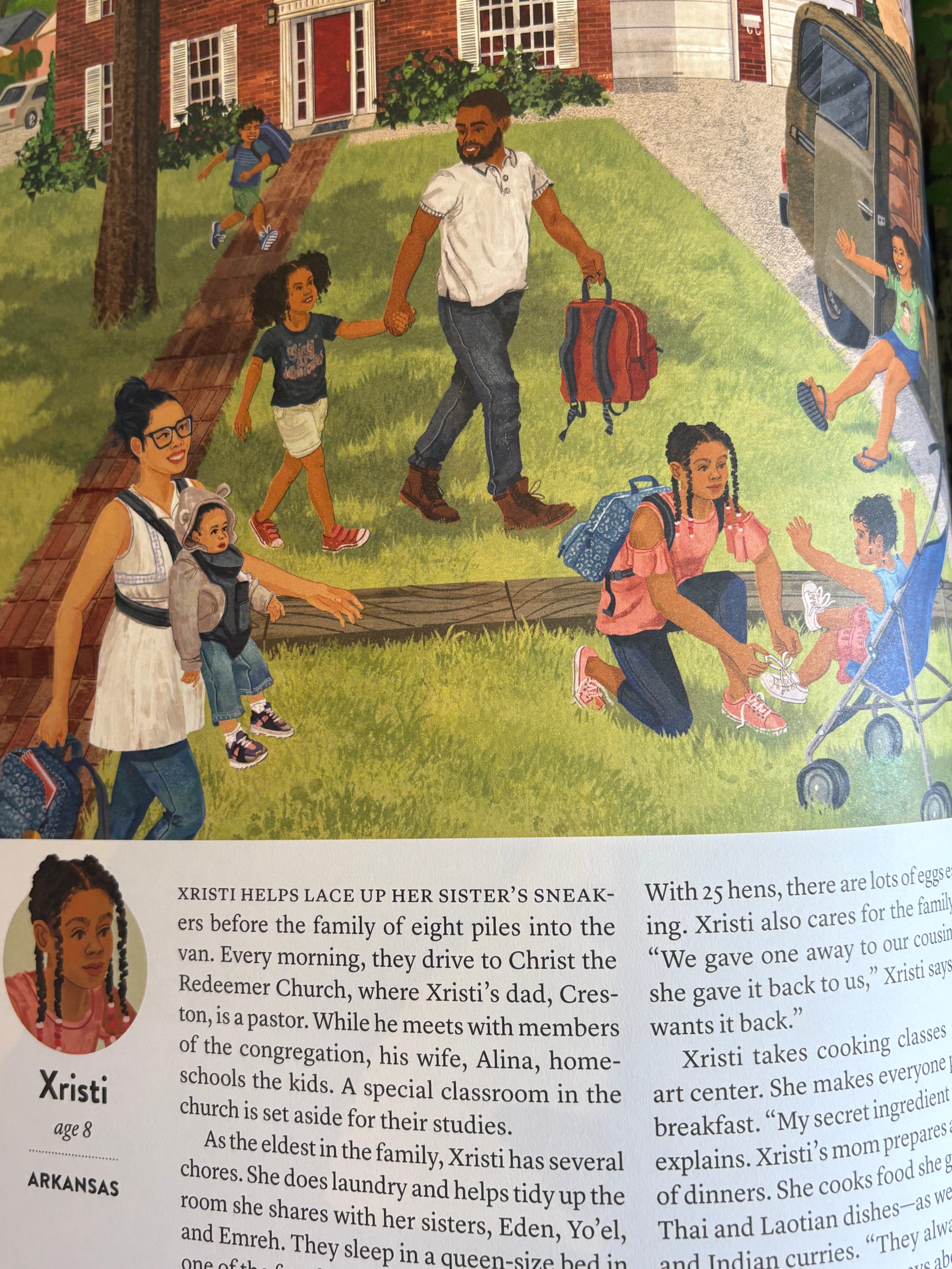 Illustration of a family with children in a suburban neighborhood