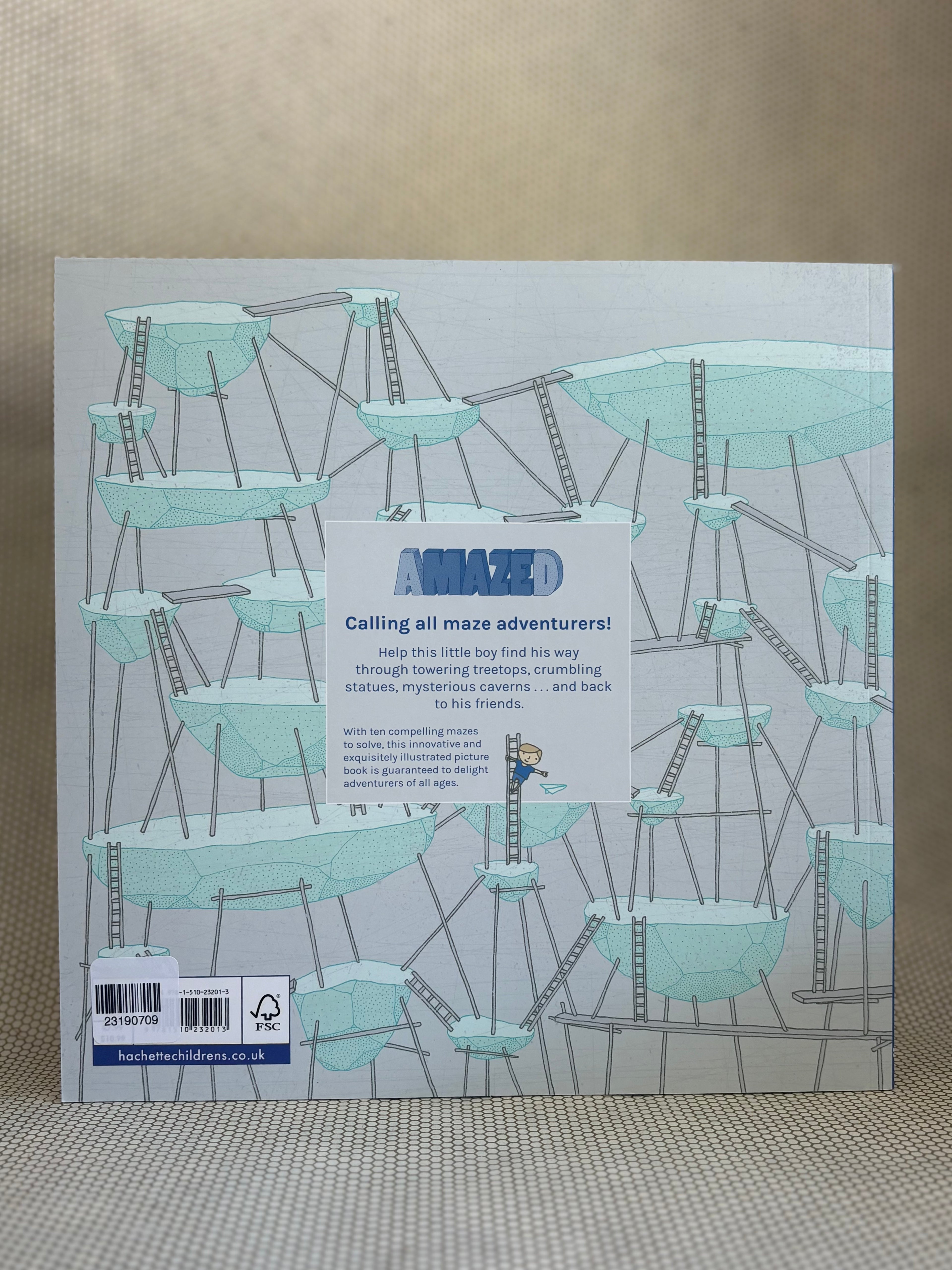 back of book titled 'Amazed' with maze puzzles on a textured surface