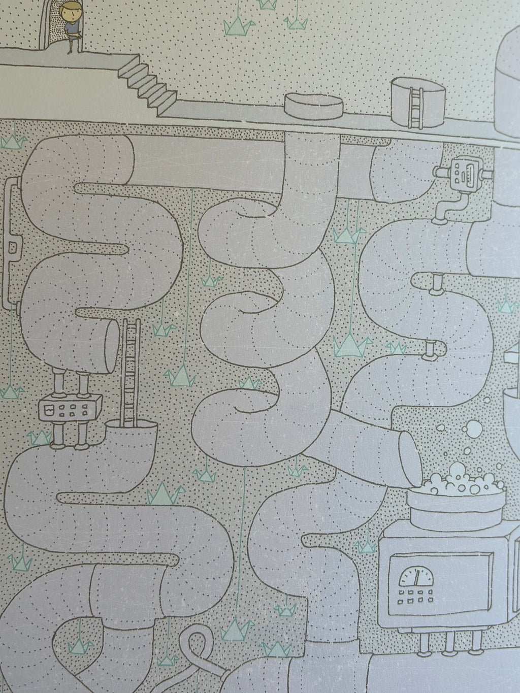 Abstract line art of a mechanical system with pipes and components on a textured background.
