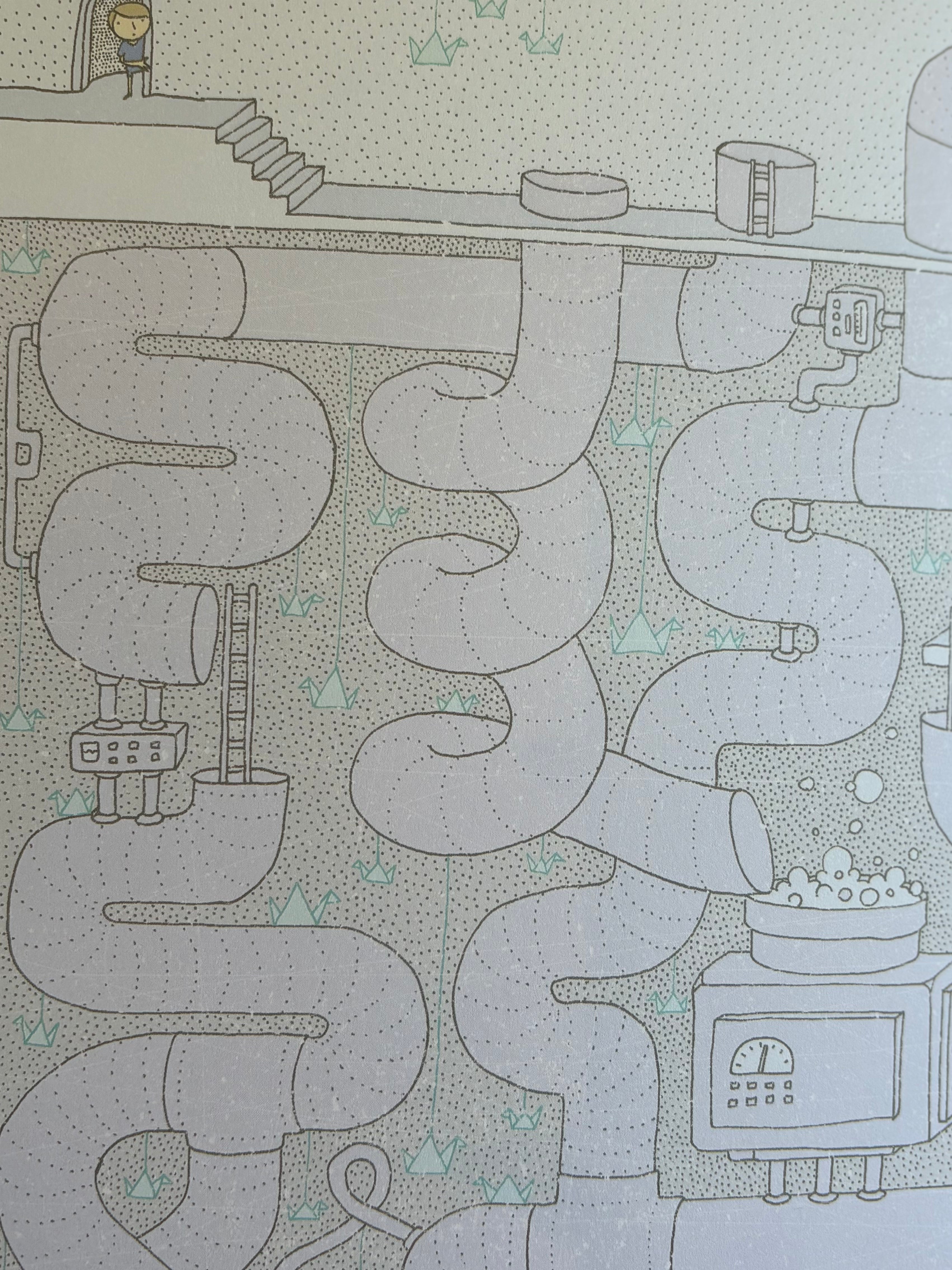 Abstract line art of a mechanical system with pipes and components on a textured background.