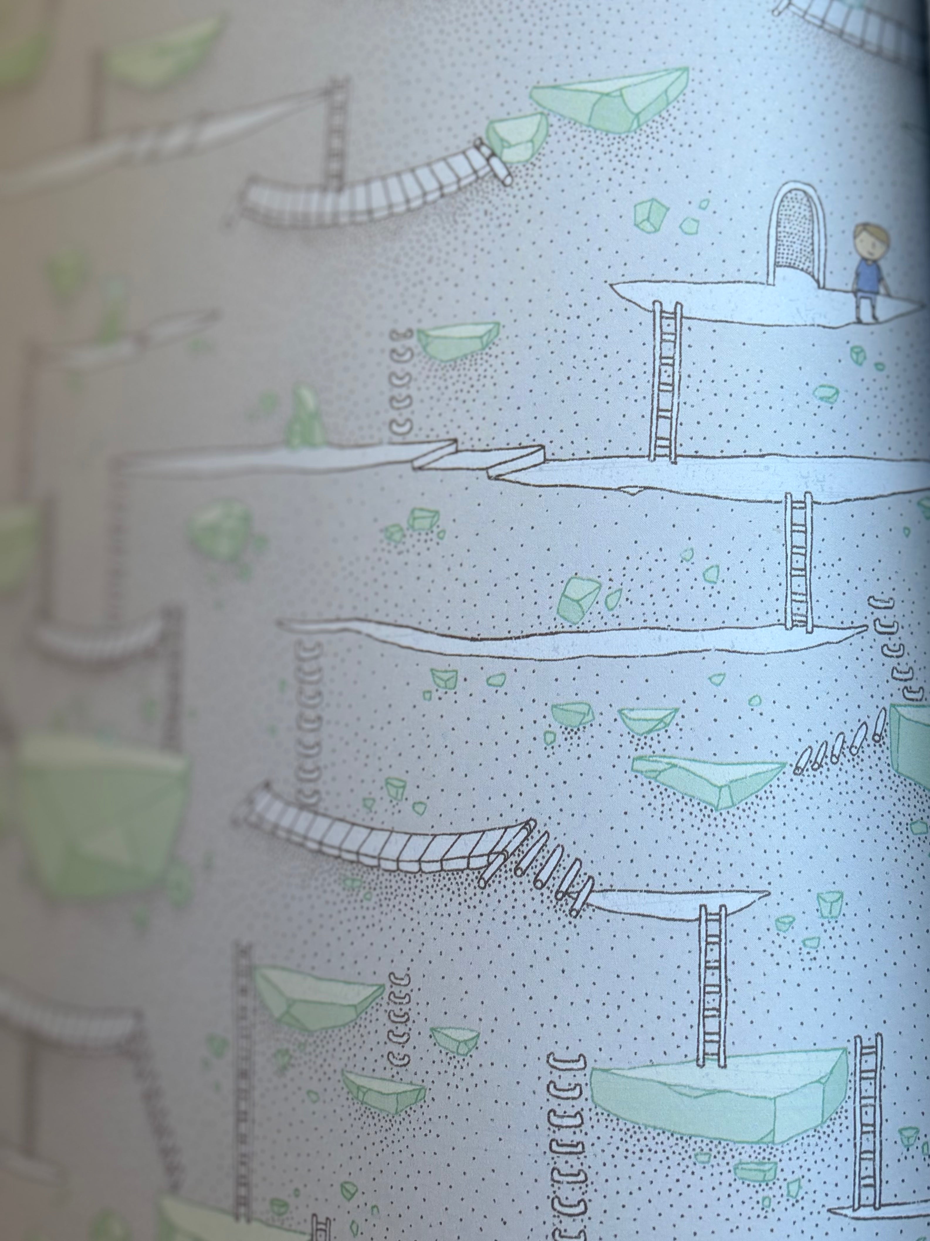Illustrated pattern of ladders and platforms on a light blue background