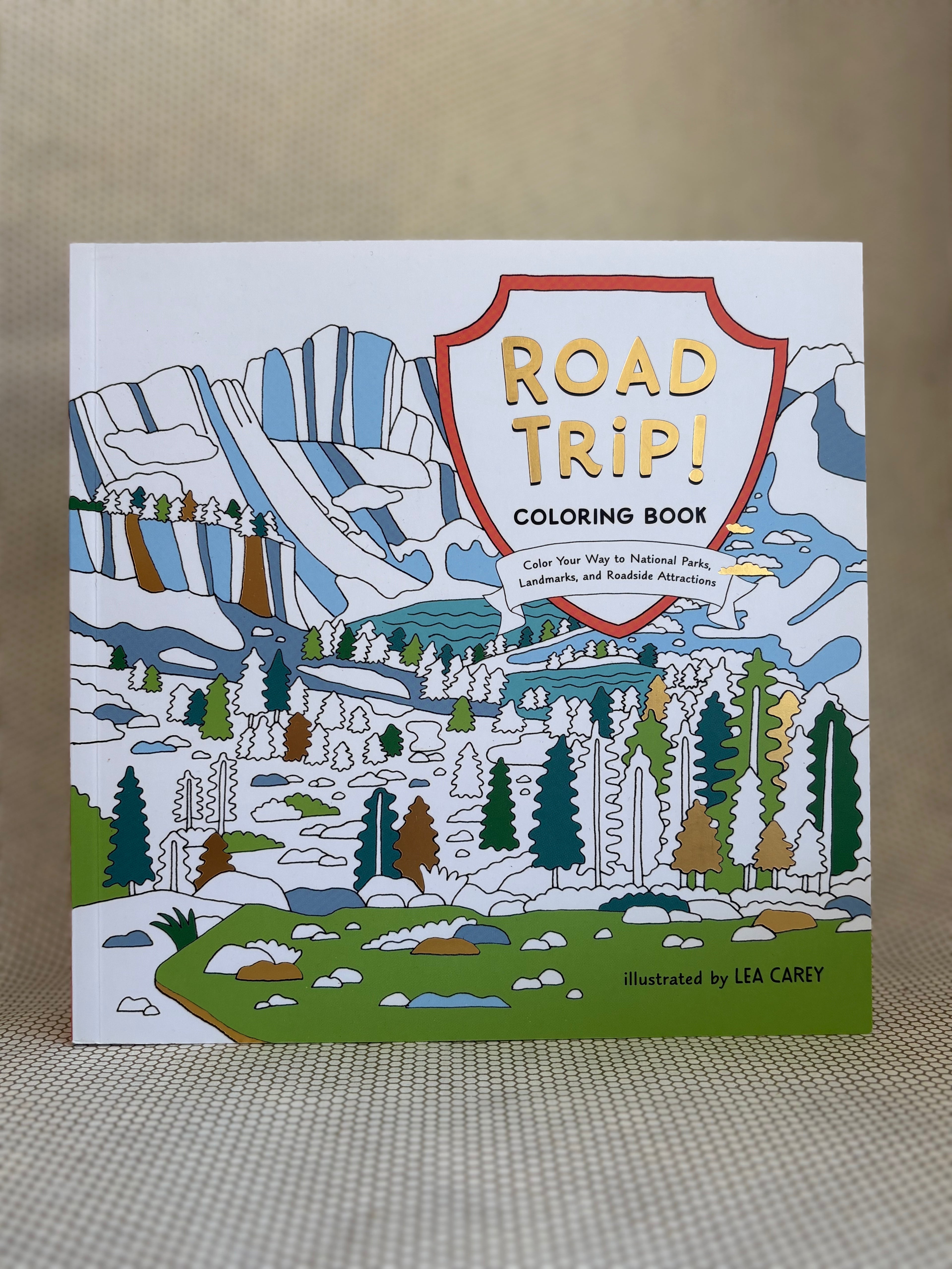 Coloring book titled 'Road Trip!' with mountain and nature design on a beige background