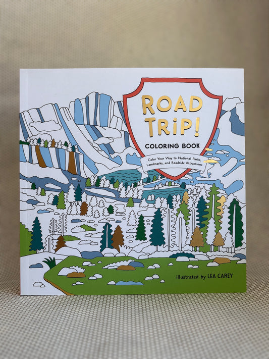 Coloring book titled 'Road Trip!' with mountain and nature design on a beige background
