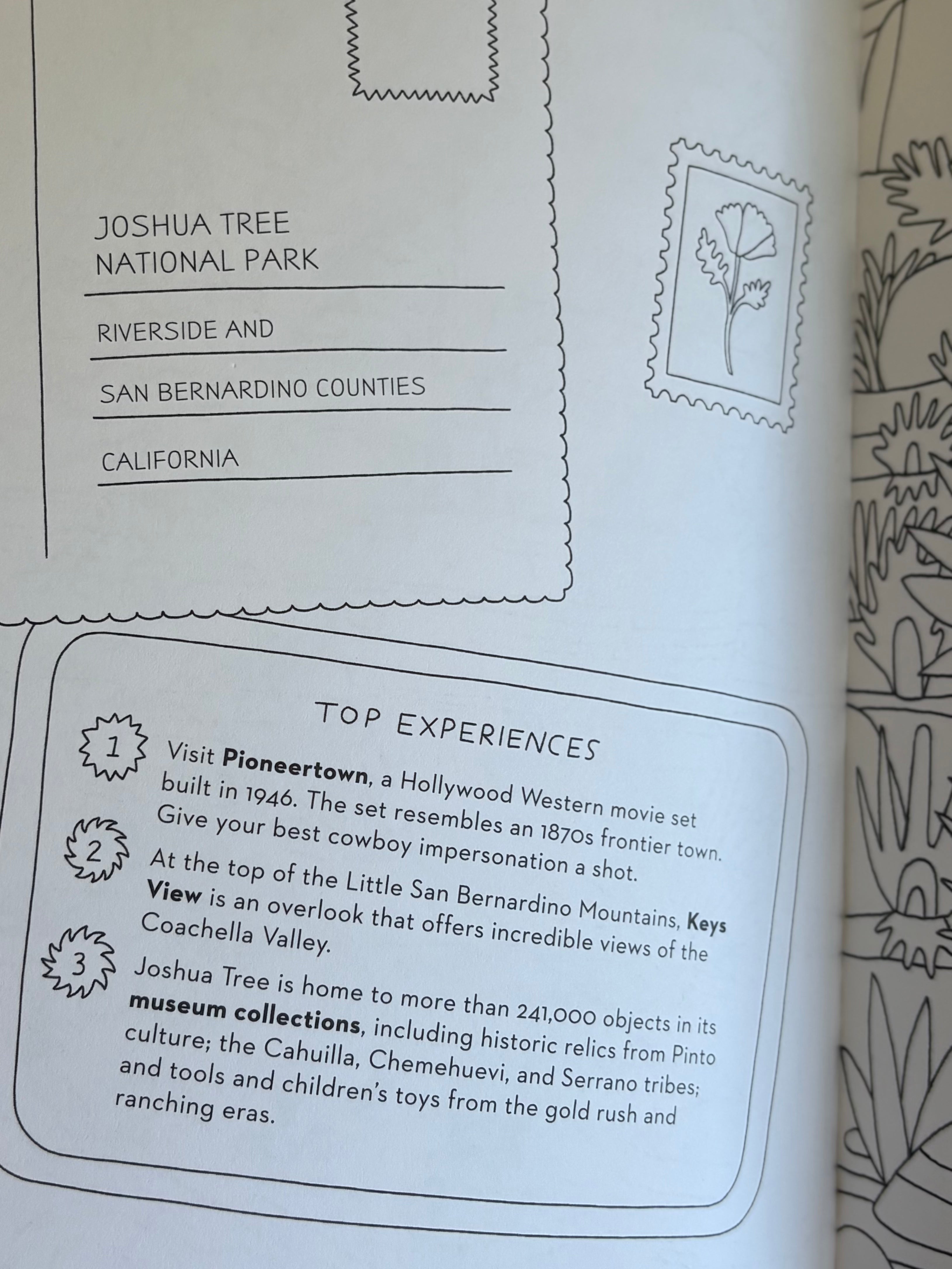 Book page about Joshua Tree National Park with text and illustrations.
