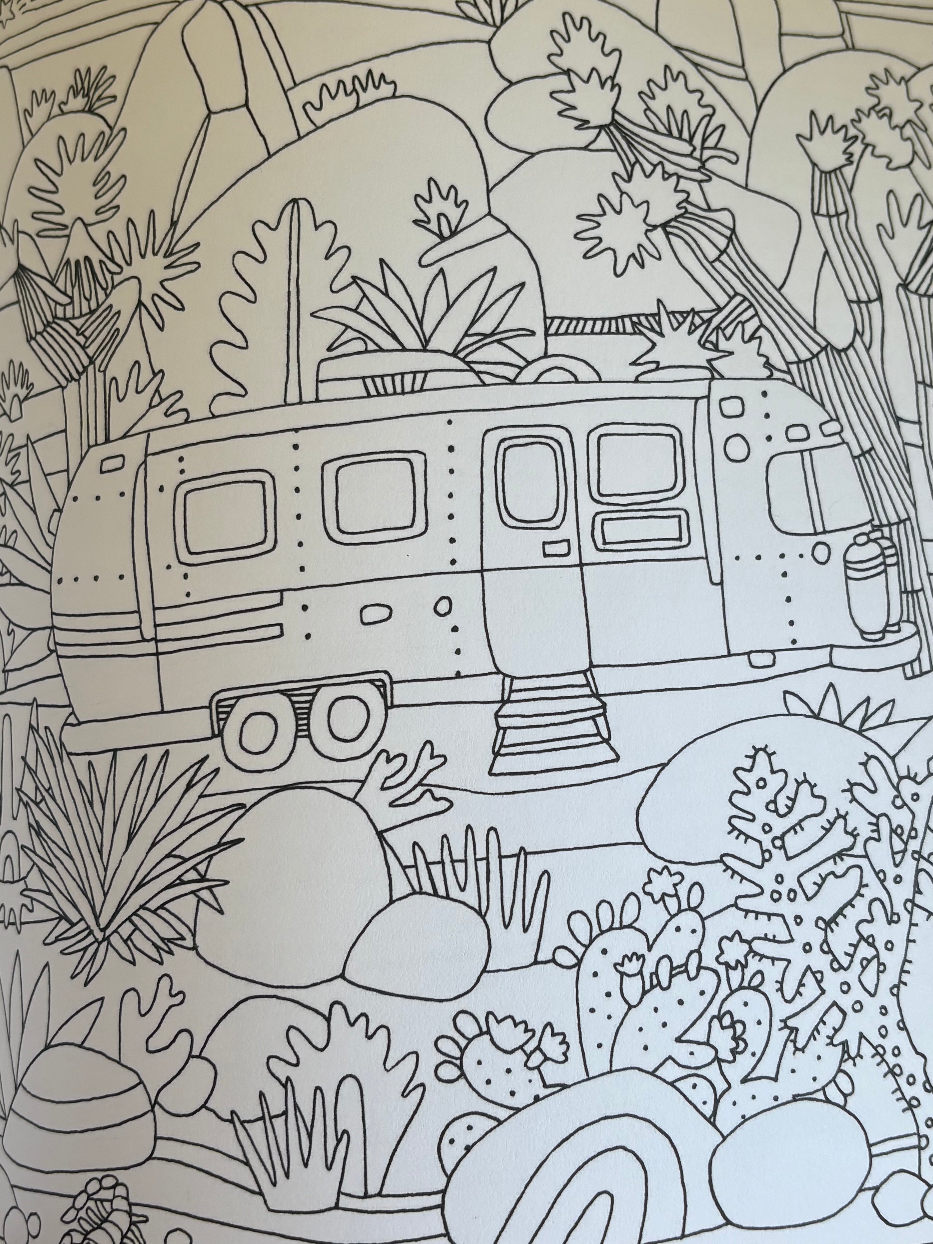Outline drawing of a camper van surrounded by plants and nature