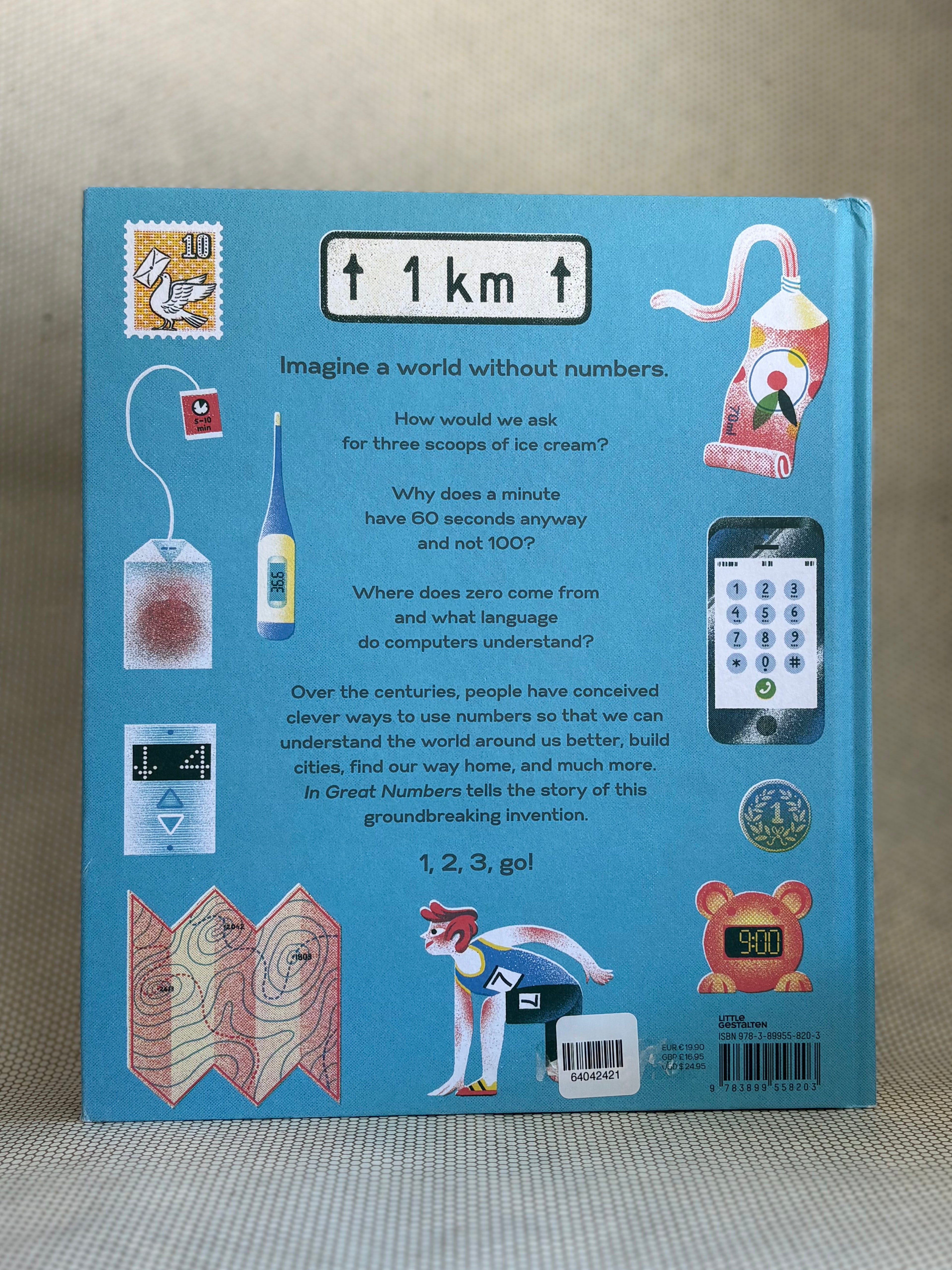 Back of book cover with illustrations and text on a textured surface