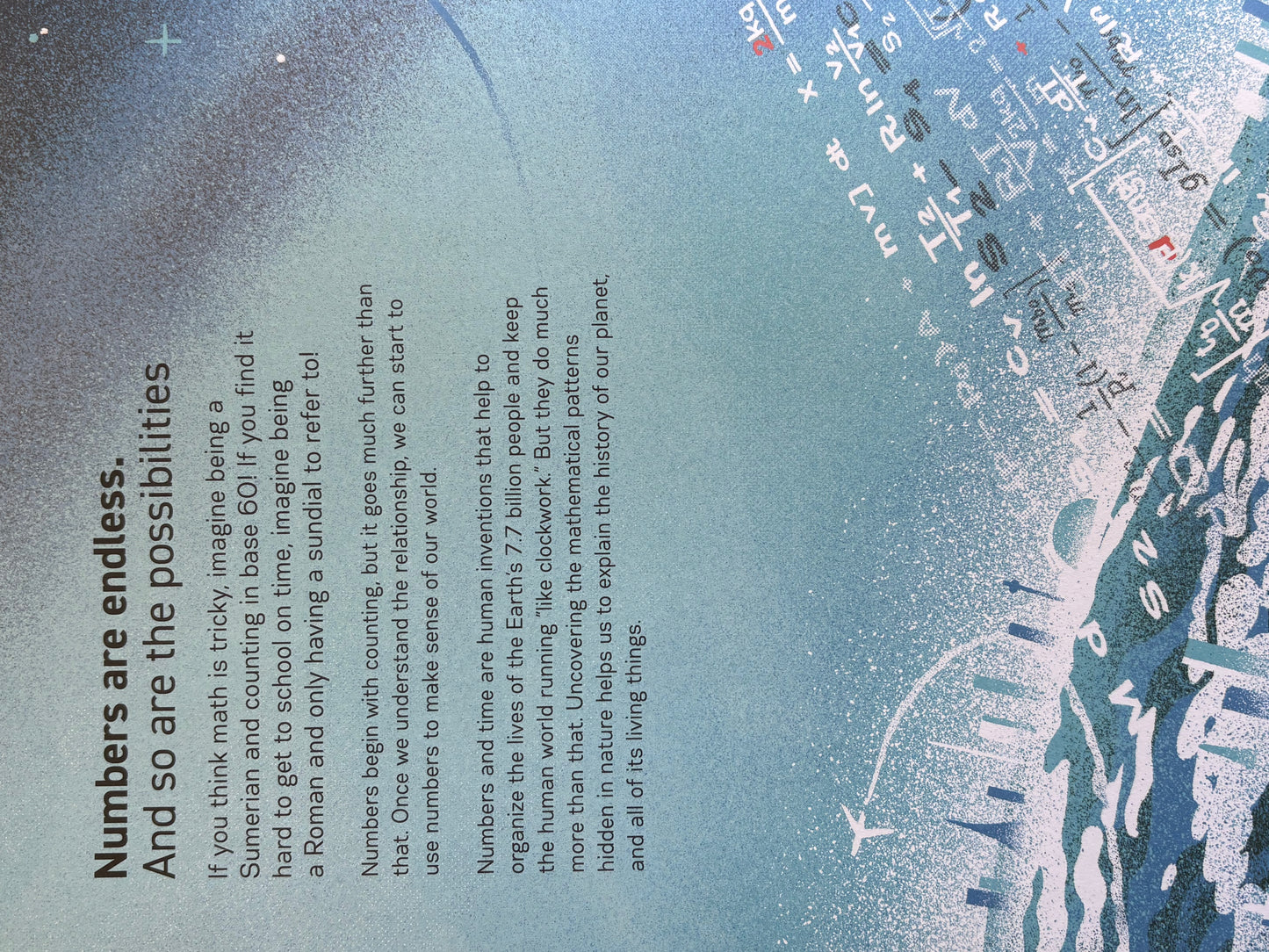 Text on a blue background with mathematical equations and symbols