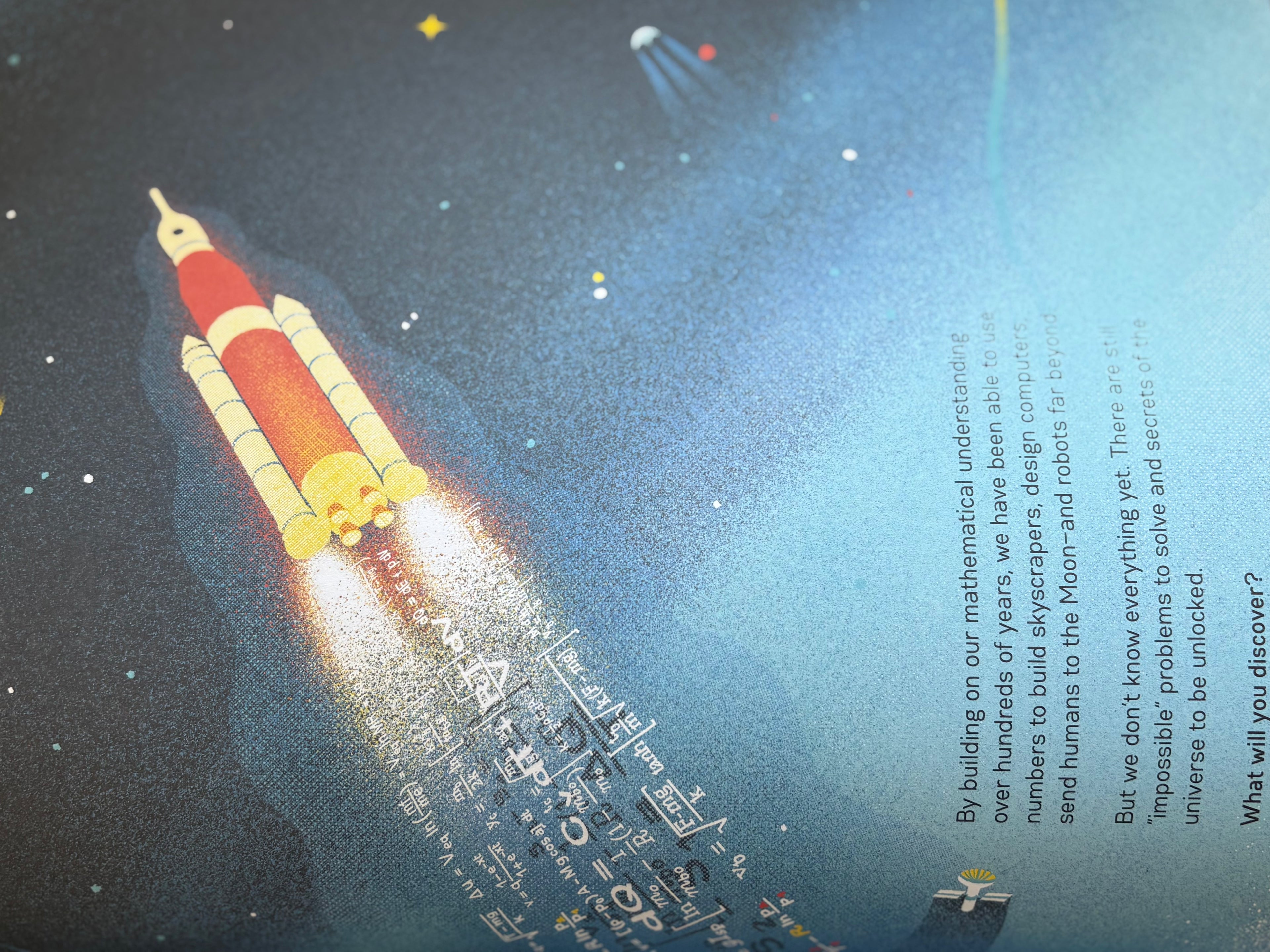 Illustration of a rocket ship in space with stars and text.