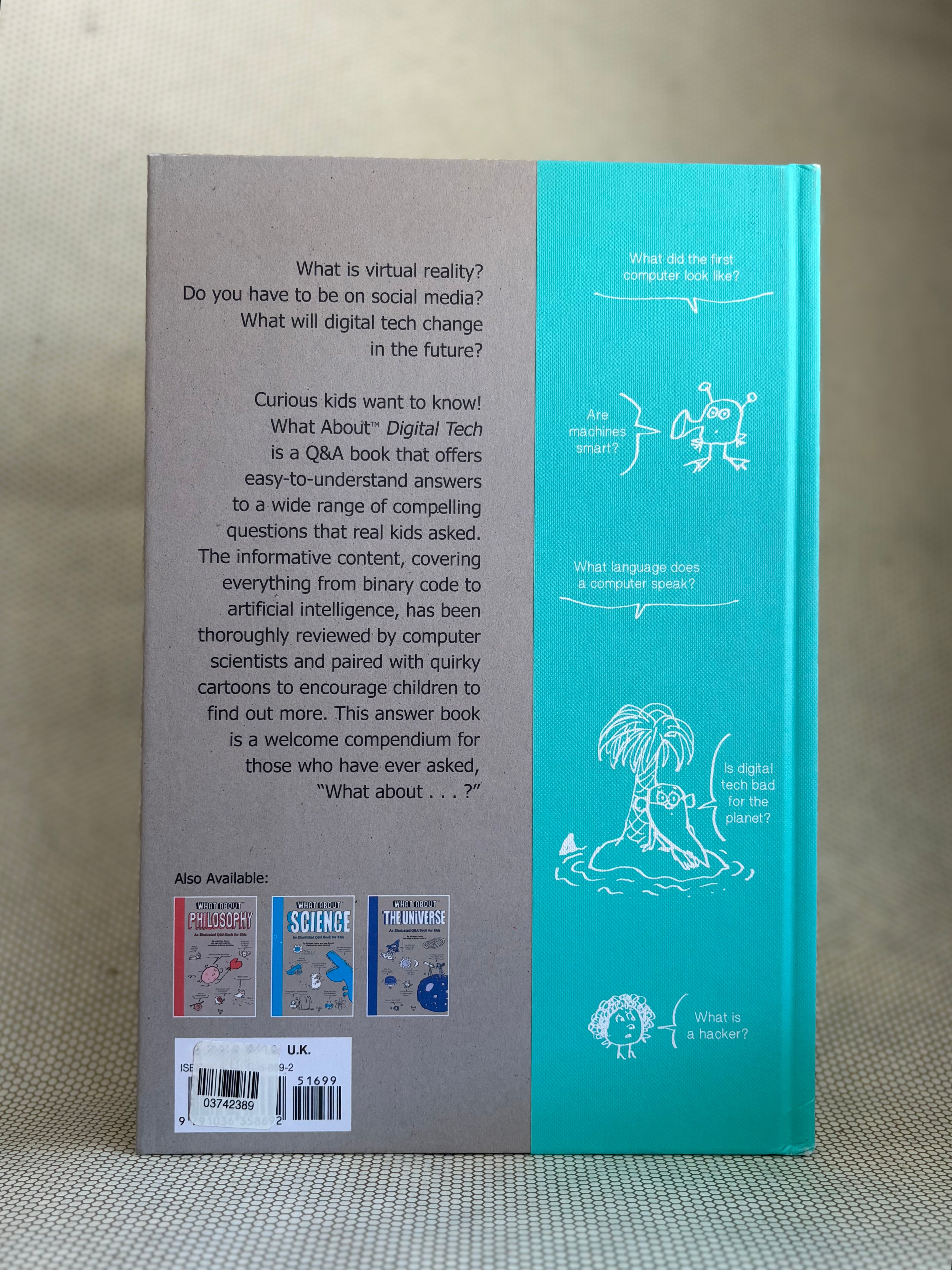 Back cover of a book with text and illustrations on a textured surface