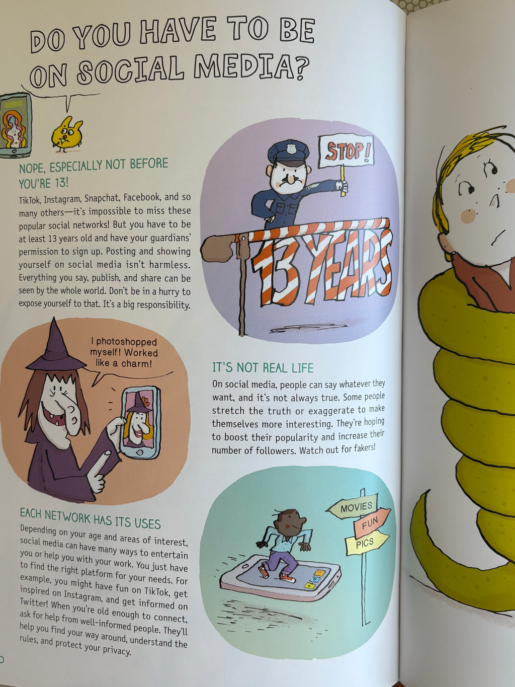 Illustrated page from a book discussing social media usage, featuring a police officer and various characters.