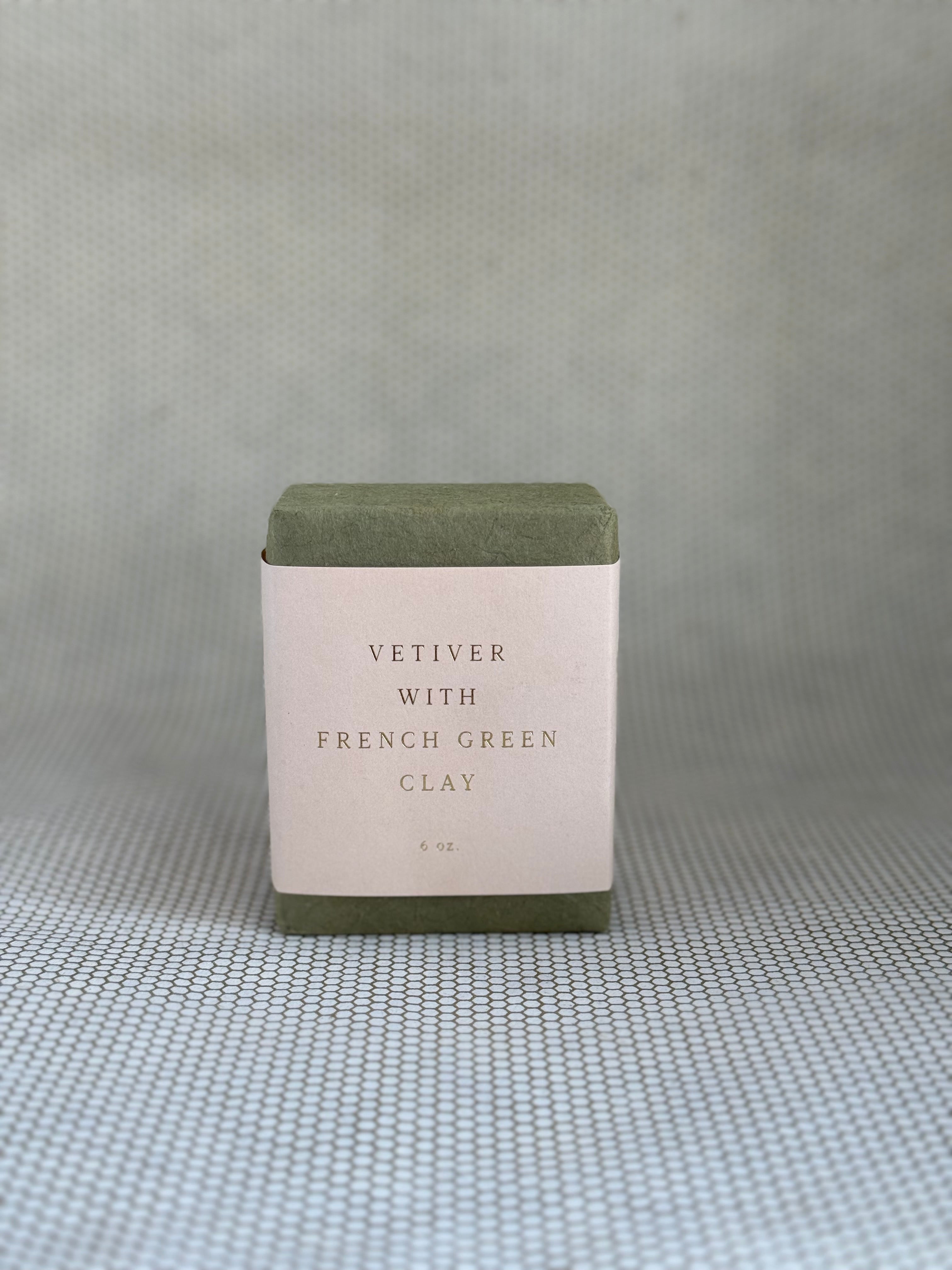 6oz bar soap in delicate olive green and off-white paper wrapping. Saipua bar soap. 