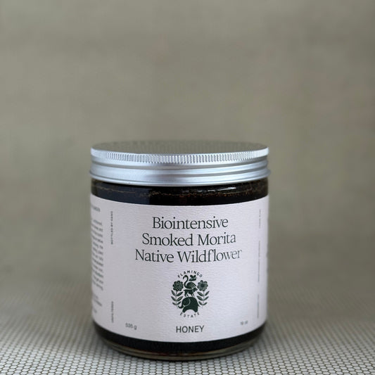Jar of Biointensive Smoked Morita Native Wildflower honey by Flamingo estate, Santa Monica. Los Angeles