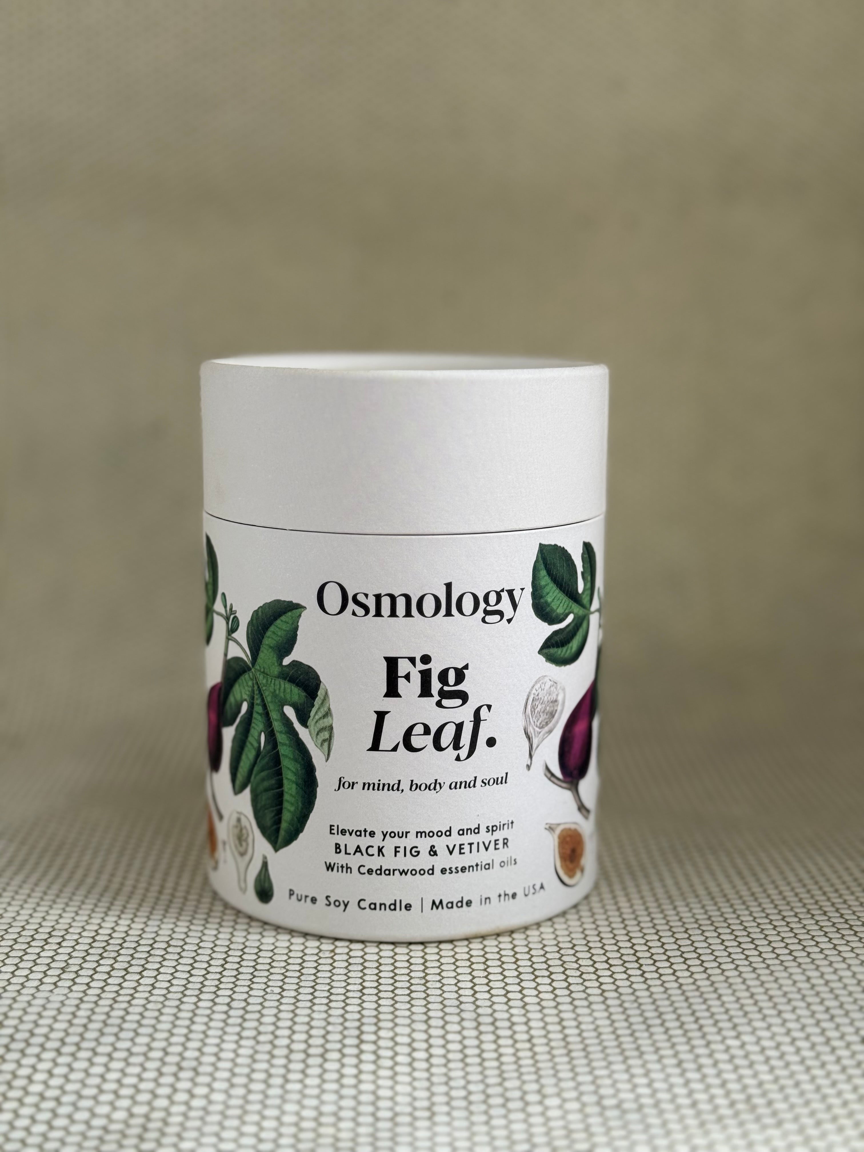 Osmology Fig Leaf candle. 
100% Plant-Based Wax Vegan Cruelty-free. Fully Recyclable packaging 7oz (200g)