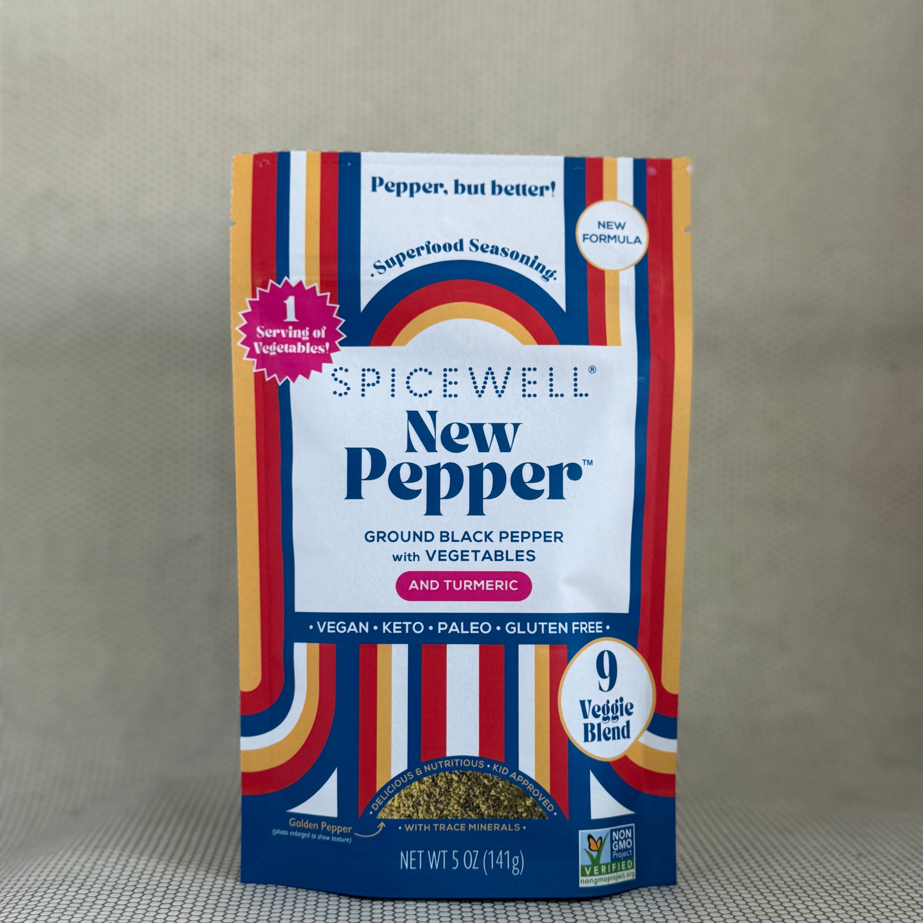 Spicewell New Pepper bag net weight 5oz (141g). Fair Trade, Plastic Free Fully Compostable Packaging.
