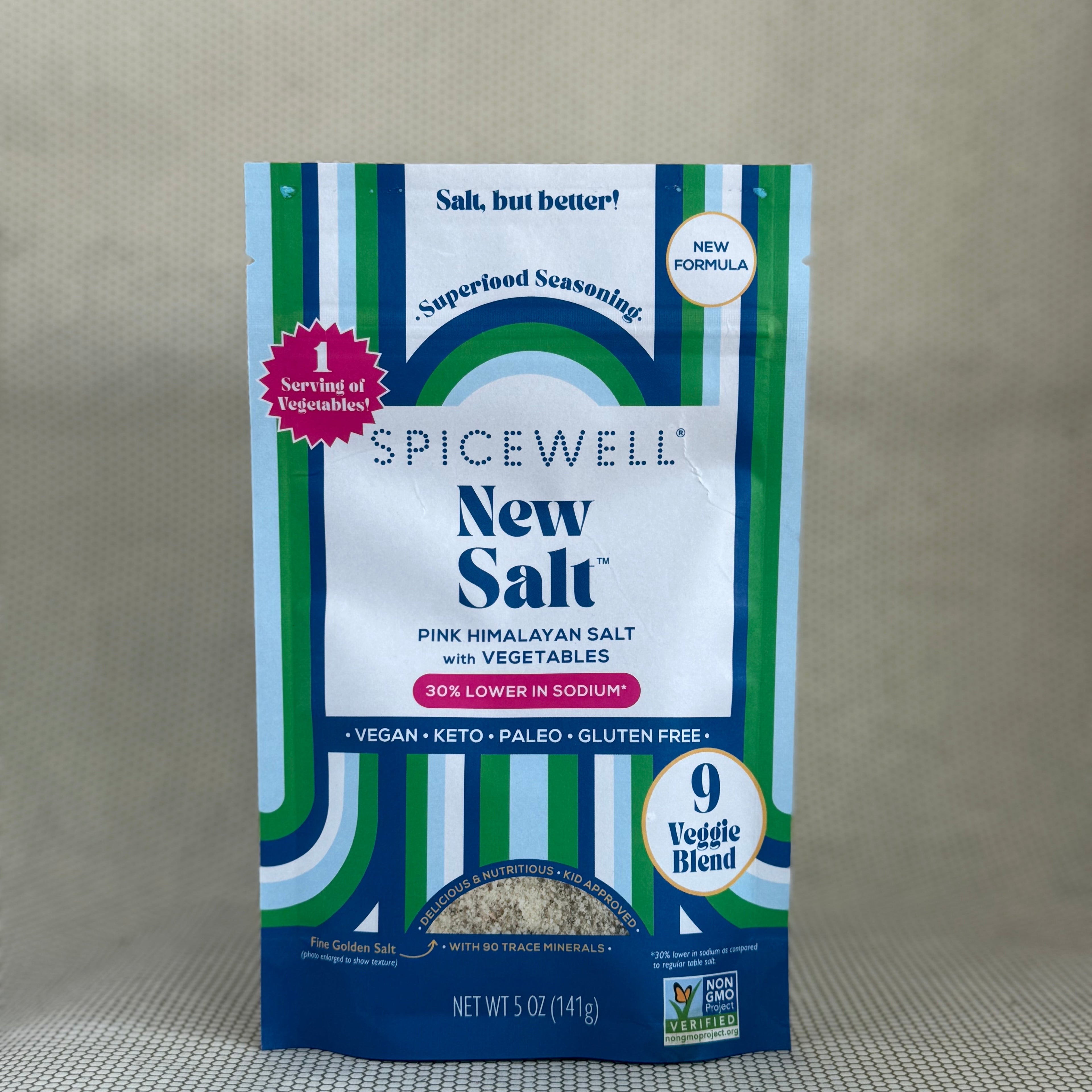 Spicewell New Salt bag net weight 5oz (141g). vegan, keto, paleo, gluten free.