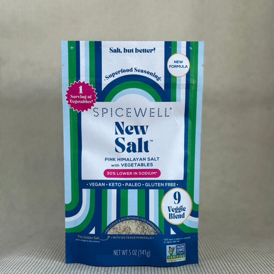 Spicewell New Salt packaging on a neutral background