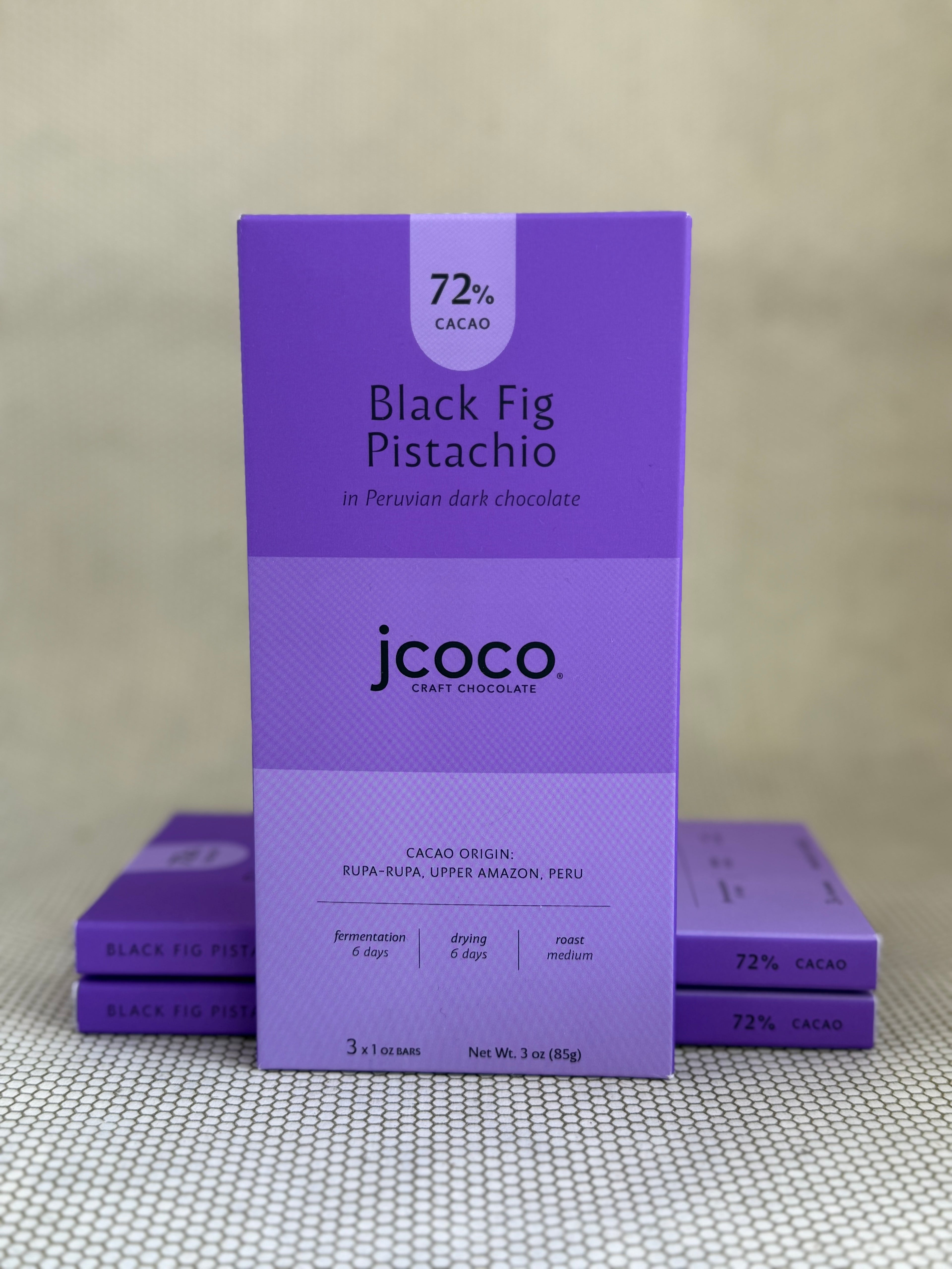 purple dark chocolate bar packaging with jcoco branding on neutral background. 