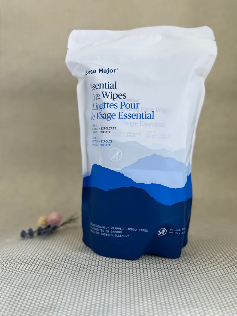 Package of Ursa Major Essential Face Wipes with a mountain design on a neutral background