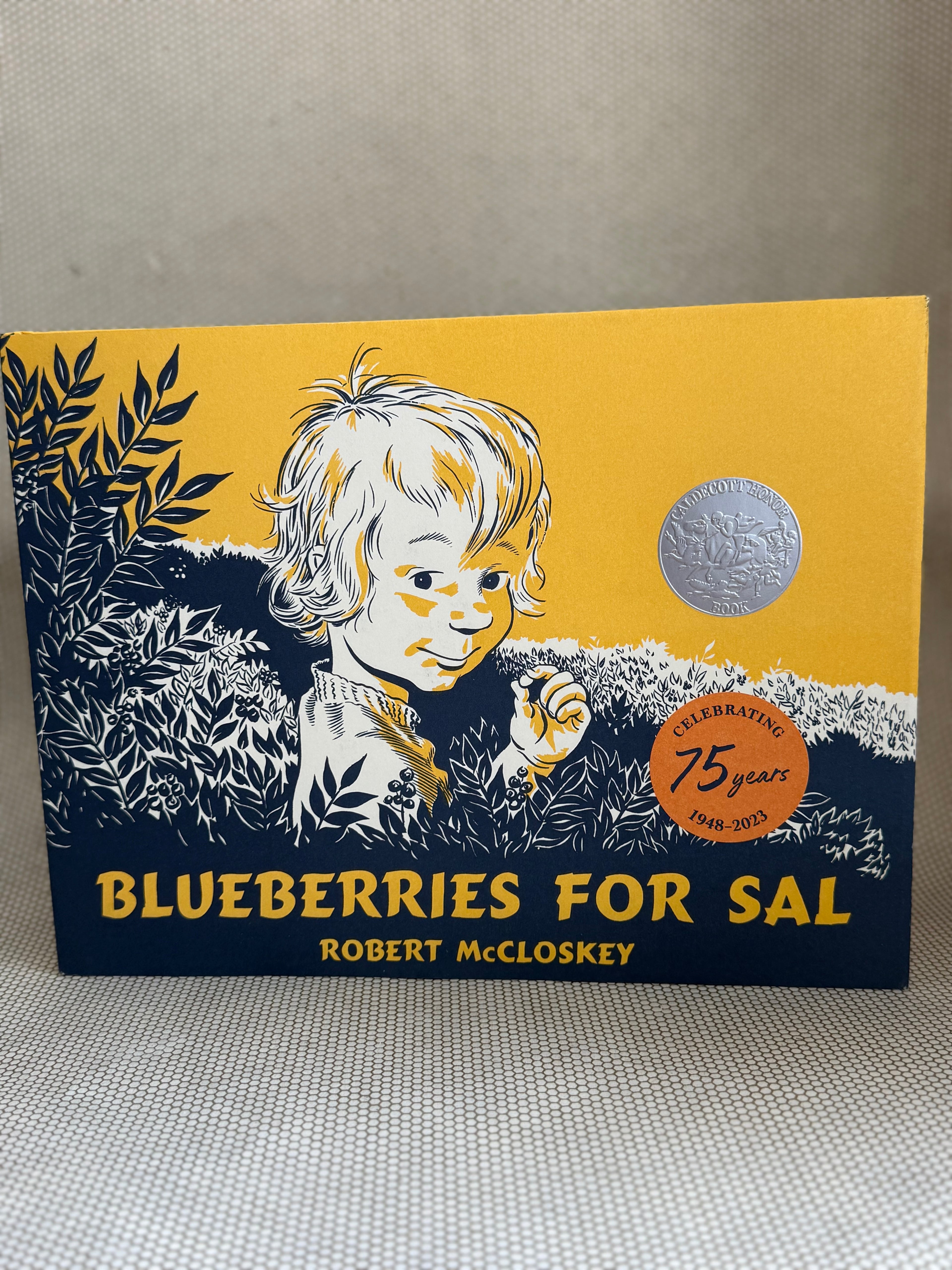 Kids Book cover of 'Blueberries for Sal' by Robert McCloskey with a child illustration on a yellow and blue background.