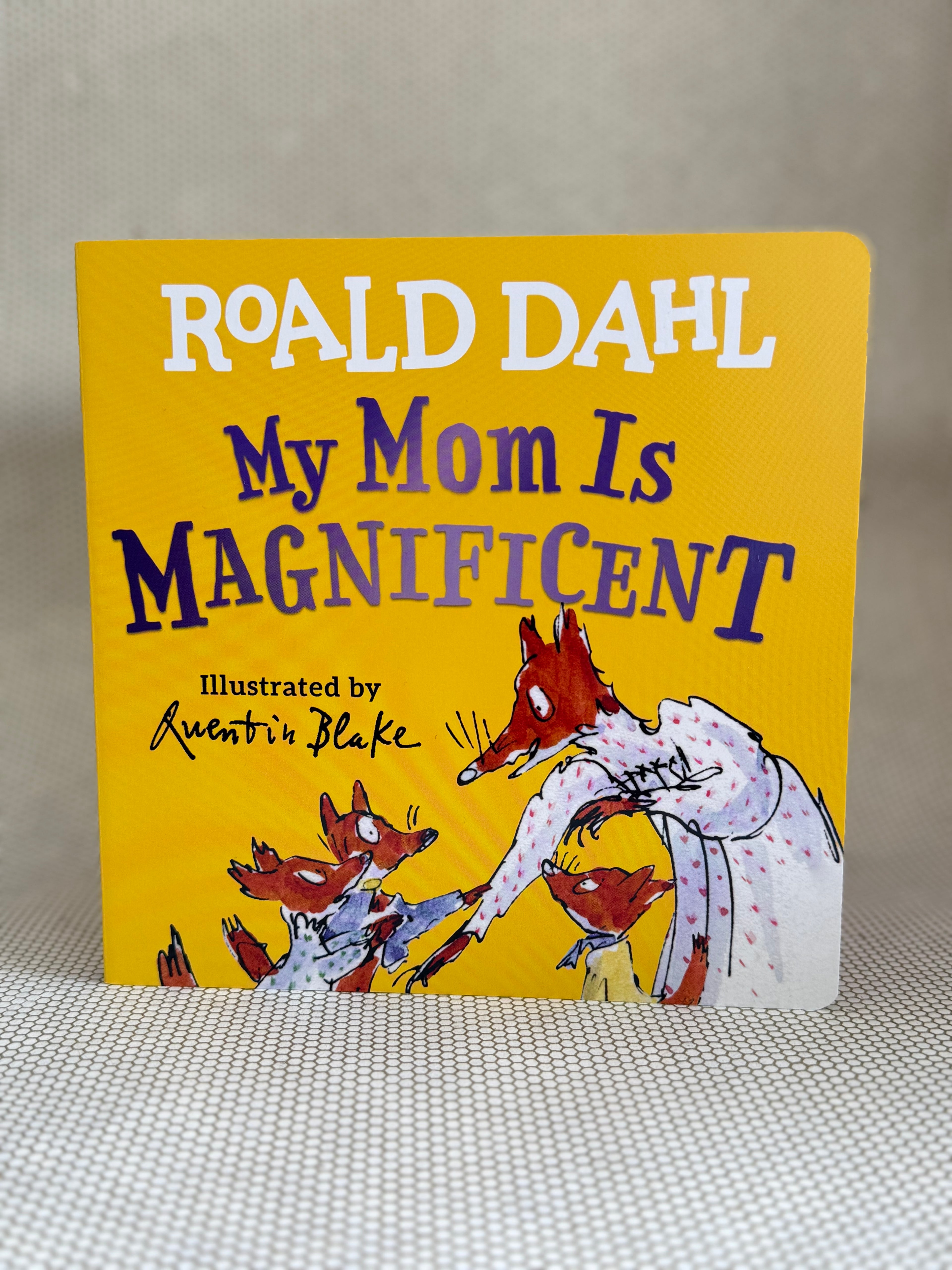 Book titled 'My Mom Is Magnificent' by Roald Dahl with illustrations on a gray background