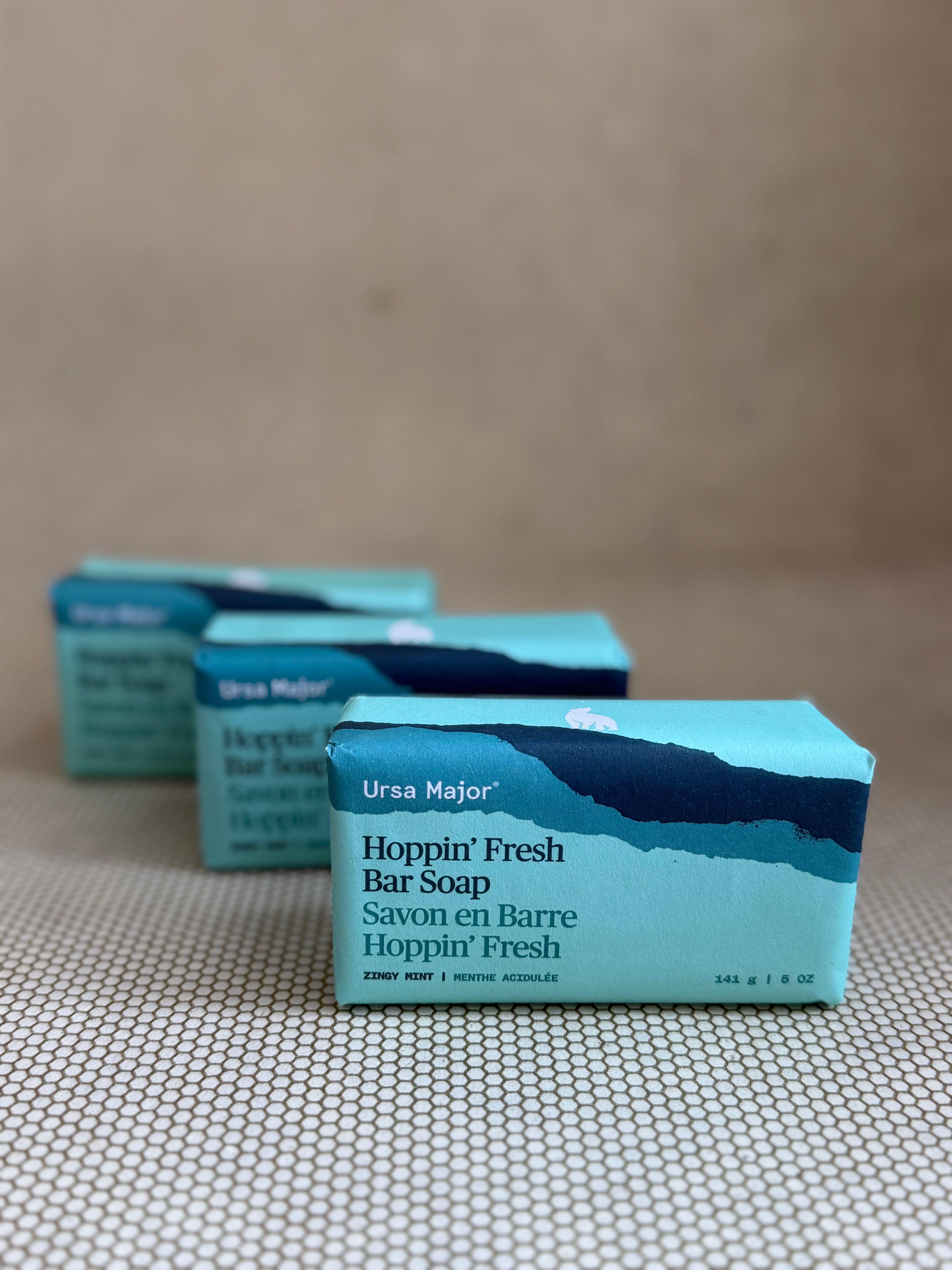 Ursa Major Hoppin Fresh soap bars on a textured surface