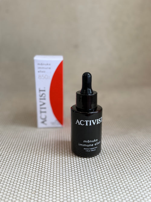 Activist manuka immune elixir. dark glass dropper bottle. 