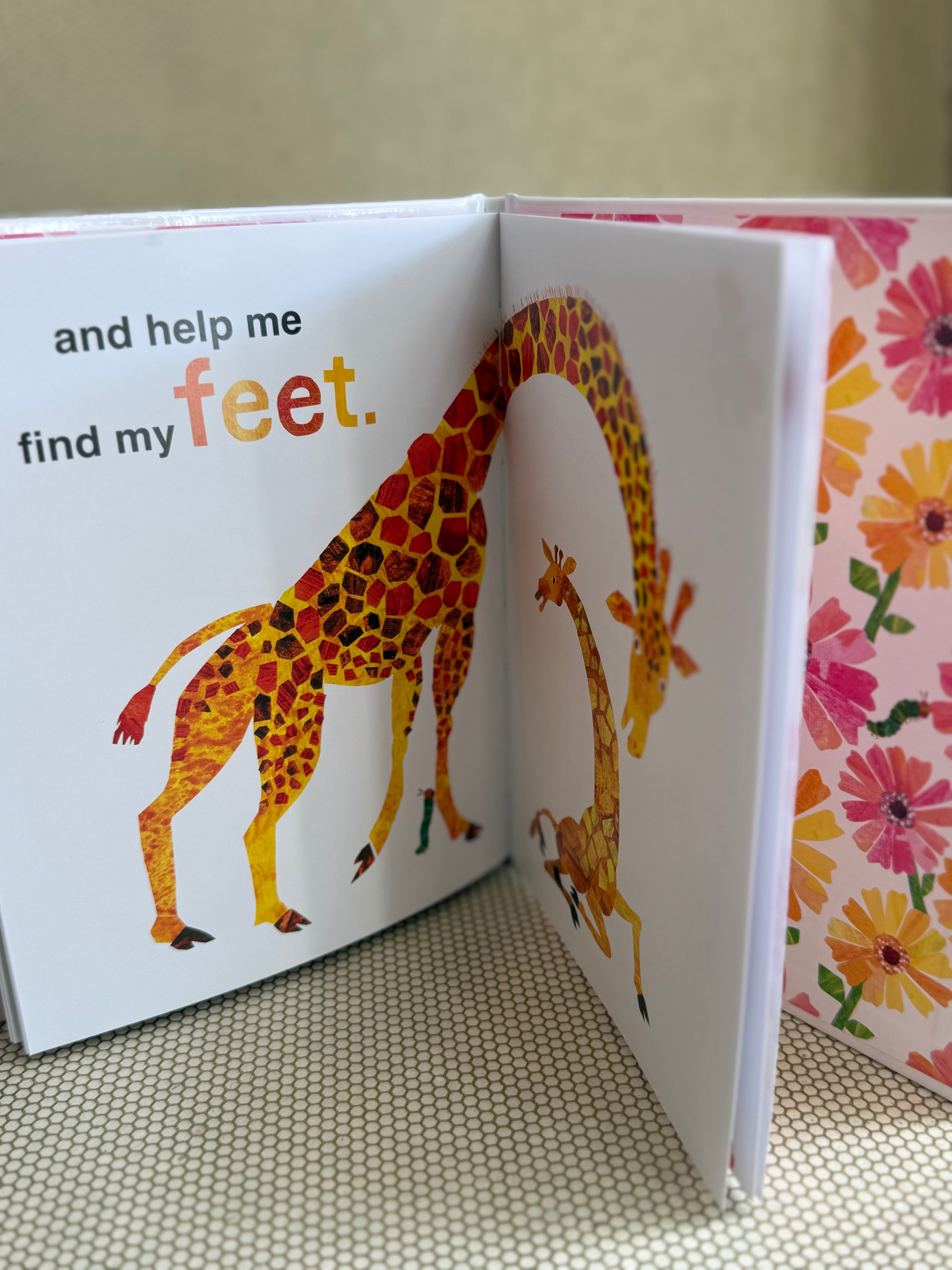 Open book with illustrations of giraffes and text on a floral background