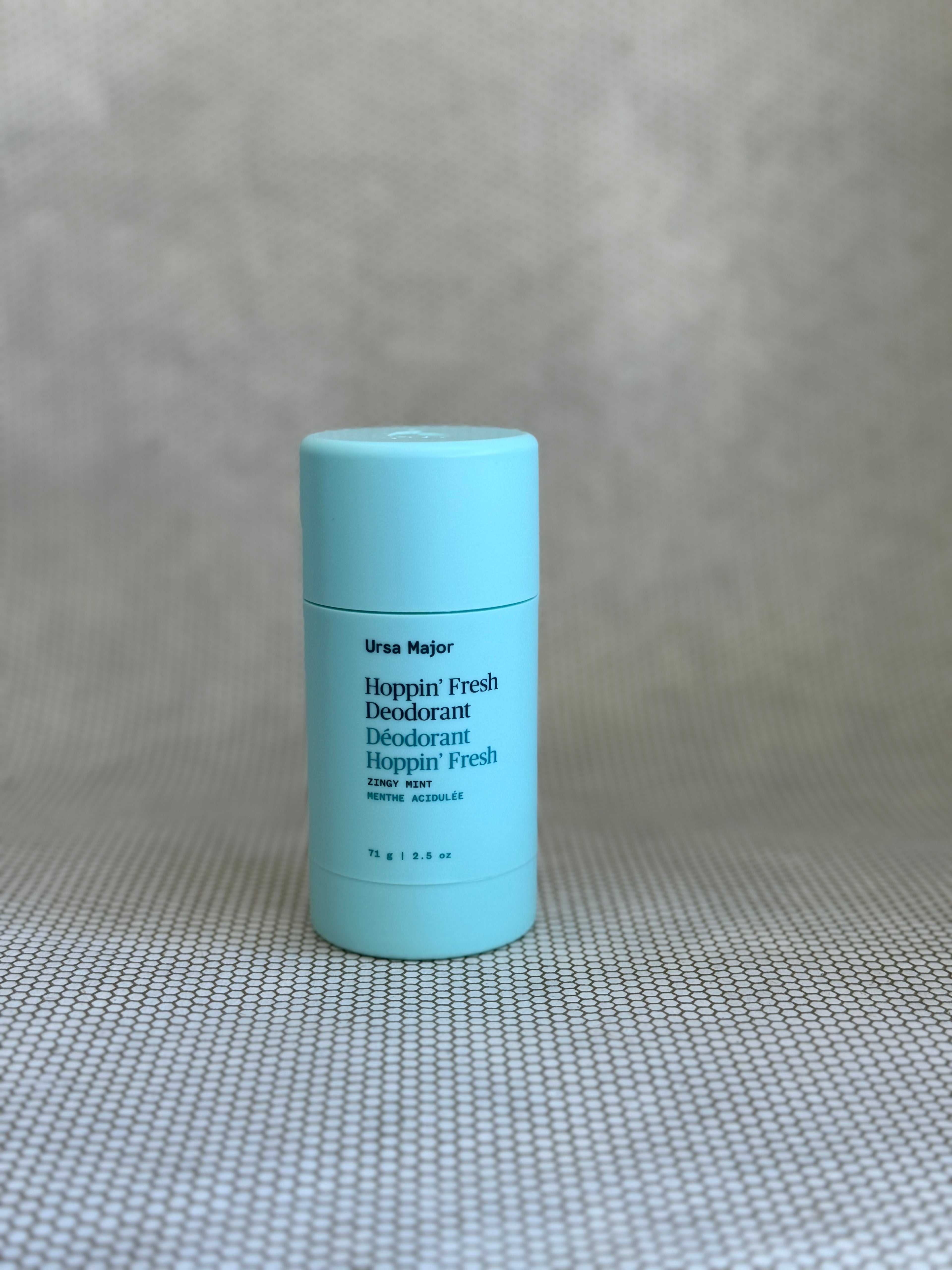 Ursa Major hoppin fresh deodorant stick on neutral background. 