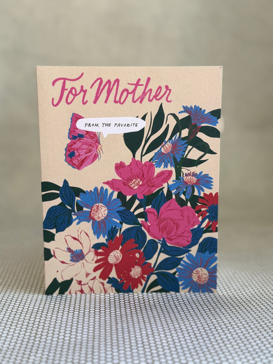Floral card for Mother's Day with colorful flowers on a beige background