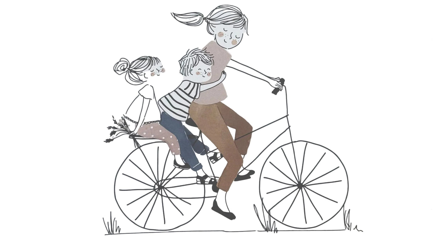 mom and two kids on bike drawing