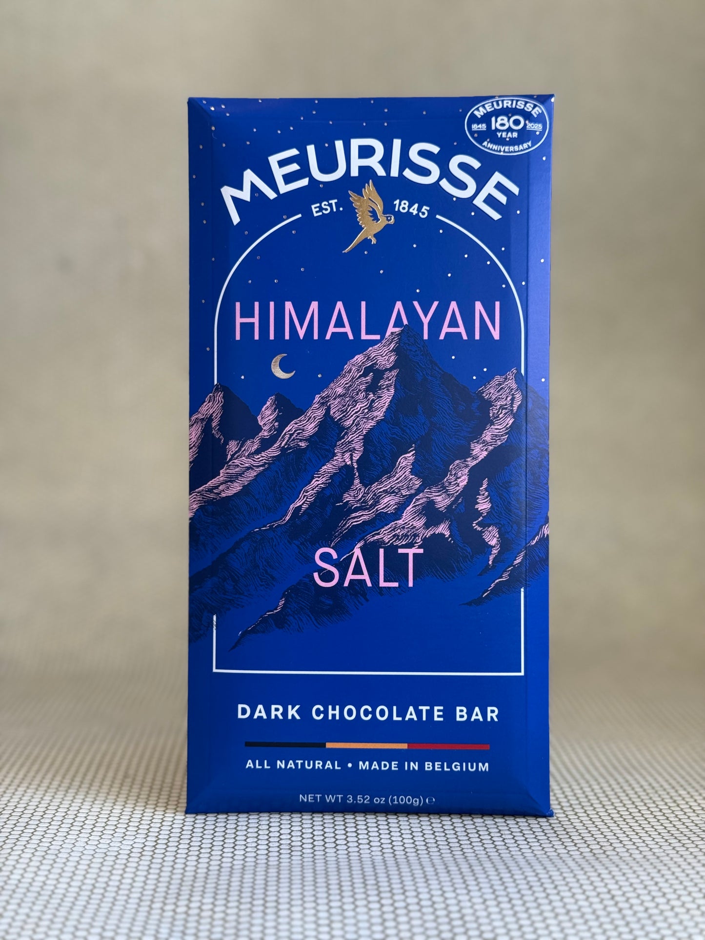 Meurisse Himalayan Salt Dark Chocolate Bar packaging on a neutral background