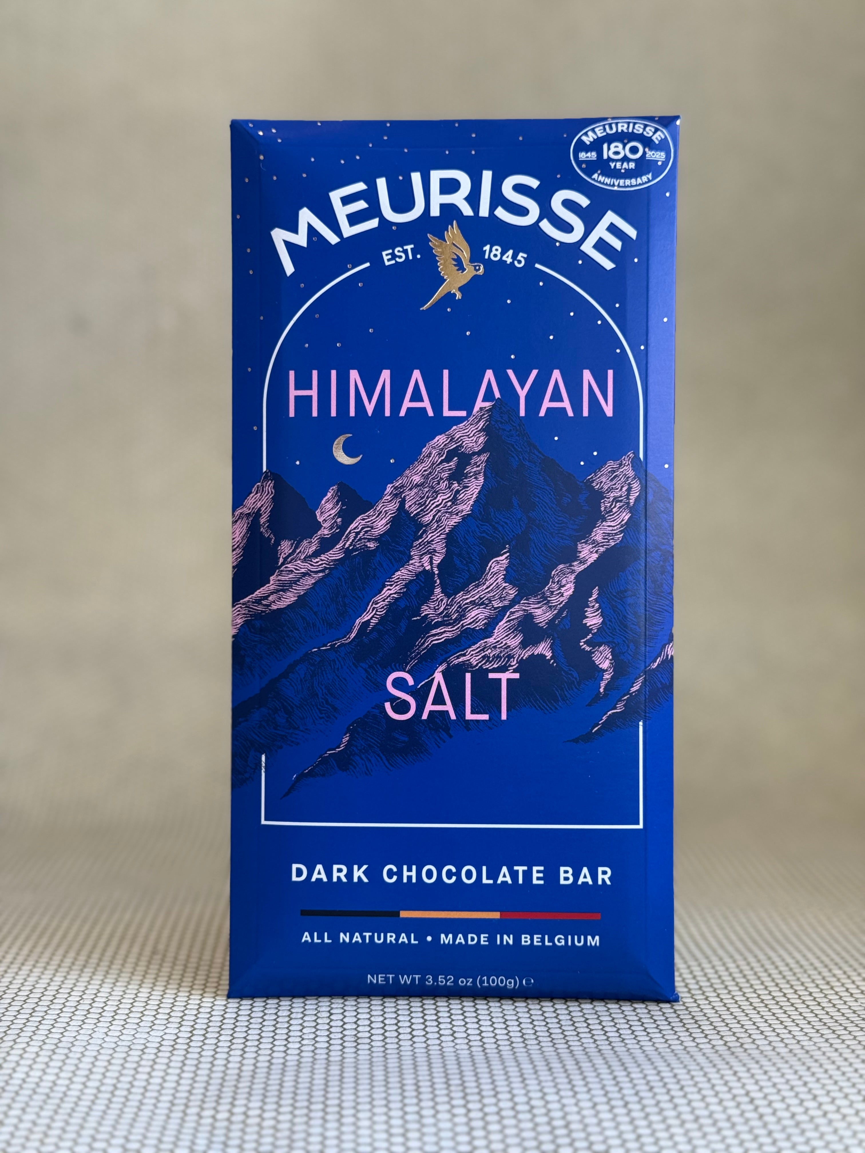 Meurisse Himalayan Salt Dark Chocolate Bar packaging on a neutral background