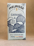 Meurisse caramel and sea salt milk chocolate bar packaging on a beige background