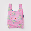 Pink Baggu reusable bag with cartoon lambs designs on a white background