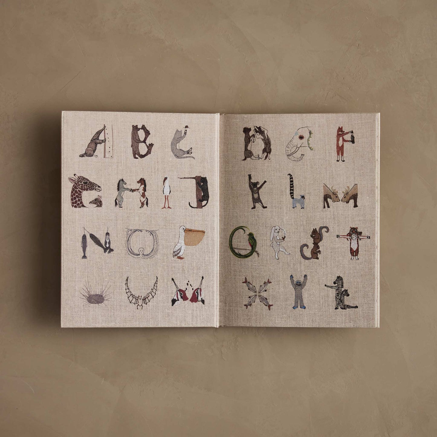 Open book with illustrations of the alphabet on a beige background