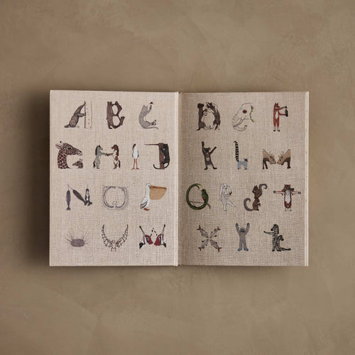 Open book with illustrations of the alphabet on a beige background